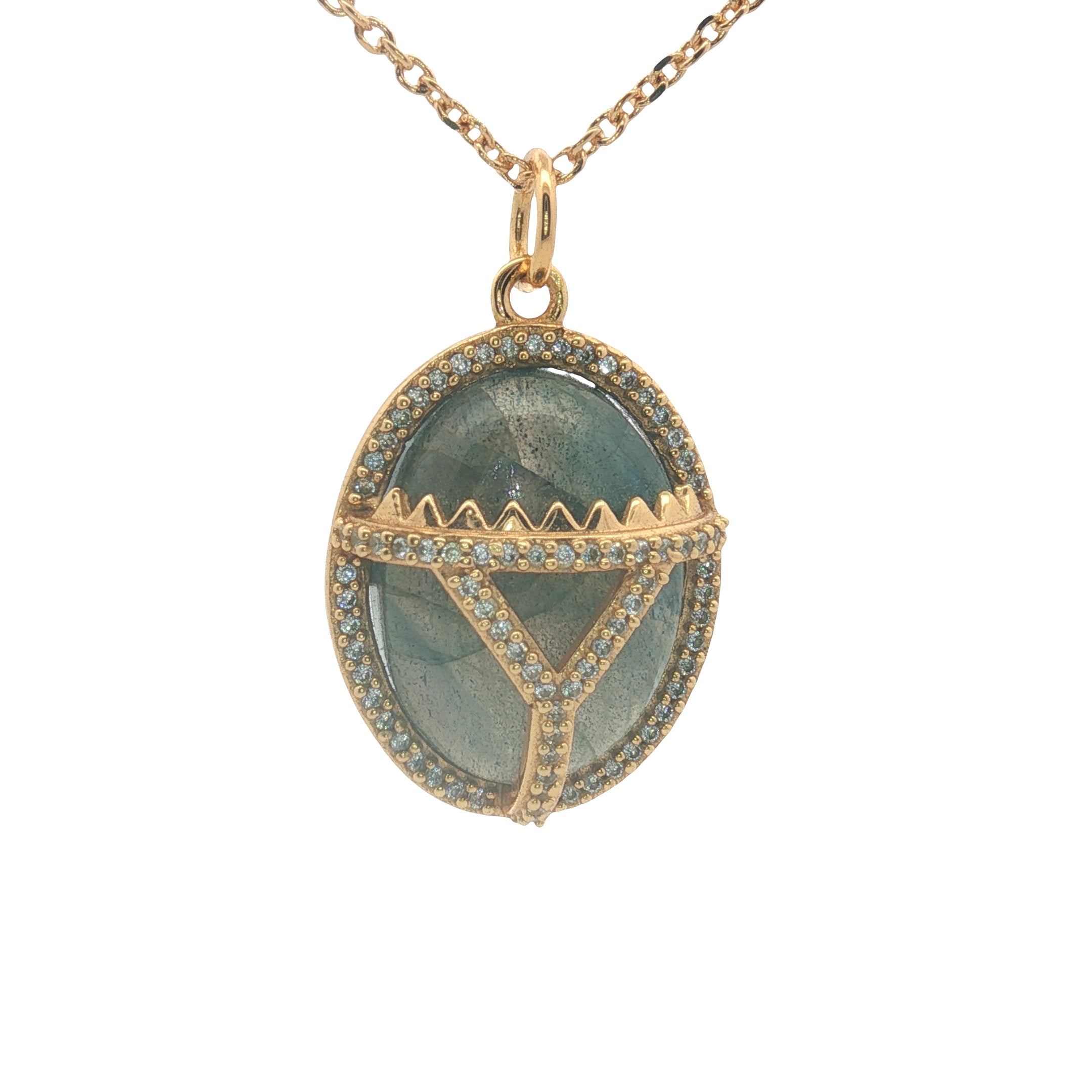 Collier doré scarabée labradorite et zircons 42 cm