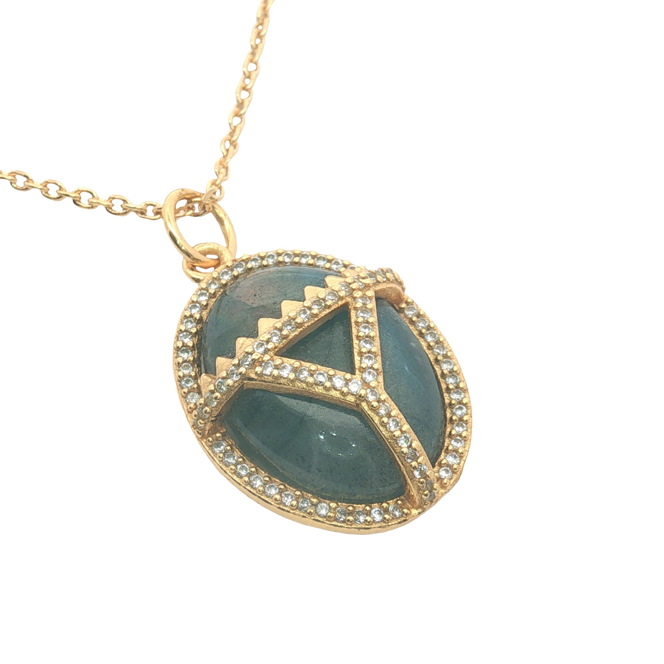 Collier doré scarabée labradorite et zircons 42 cm