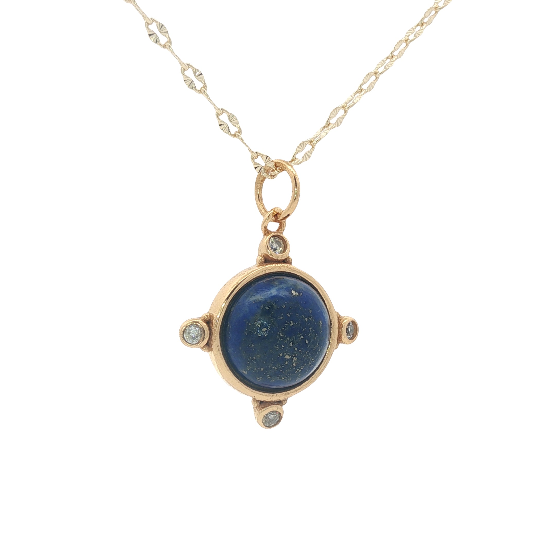 Collier doré médaille avec lapis lazulis en cabochon et zircons 42 cm