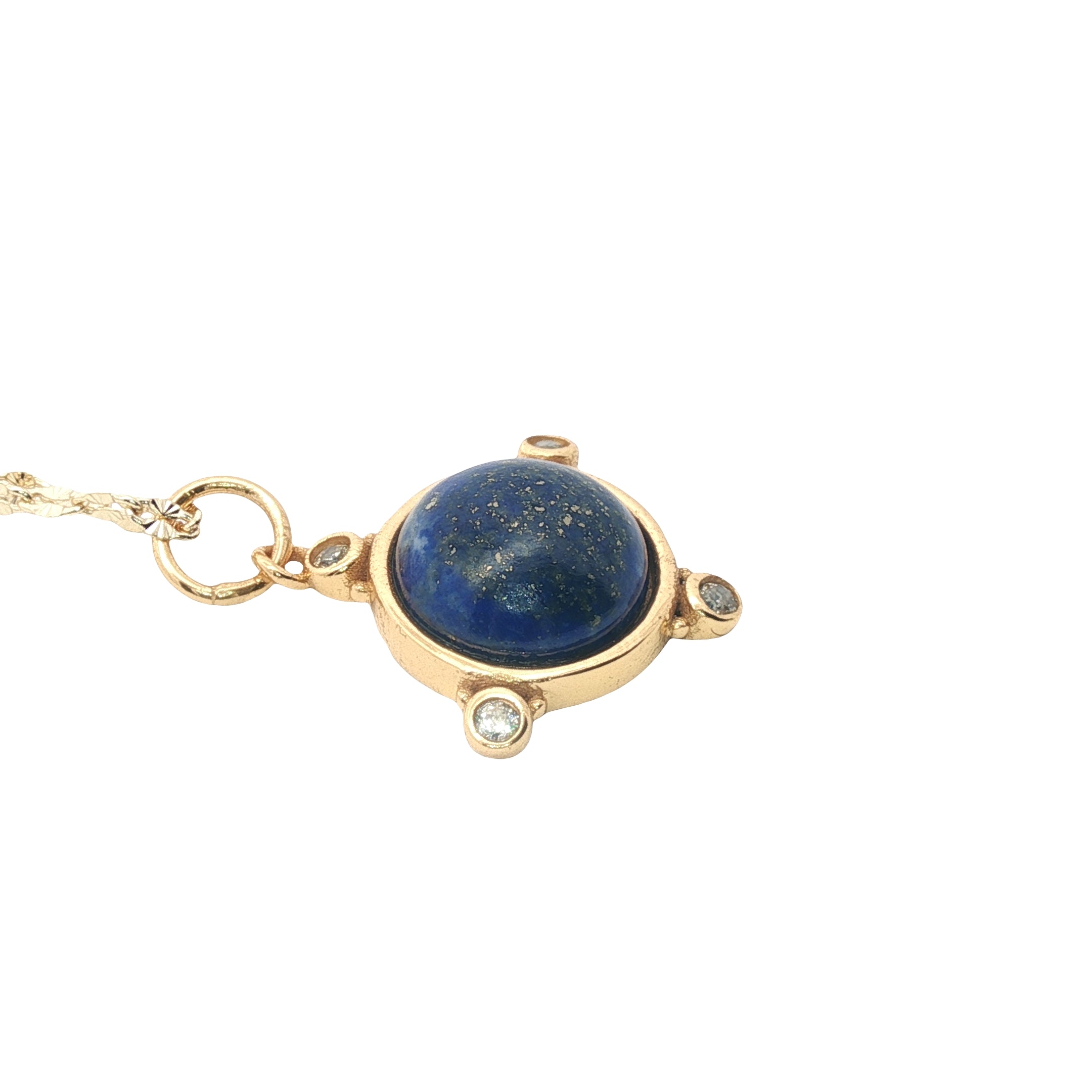 Collier doré médaille avec lapis lazulis en cabochon et zircons 42 cm