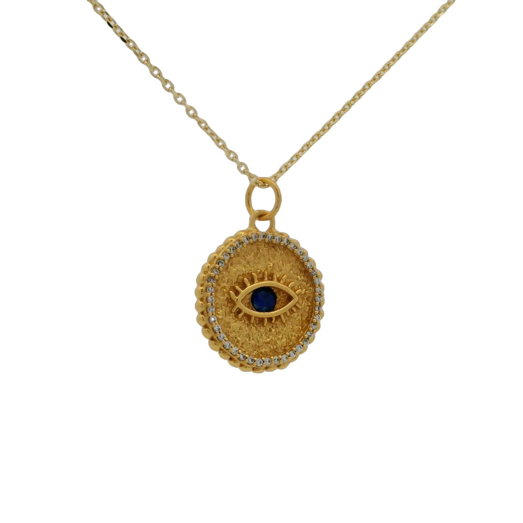 Collier doré médaille oeil en lapis lazulis et zircons blancs 42 cm
