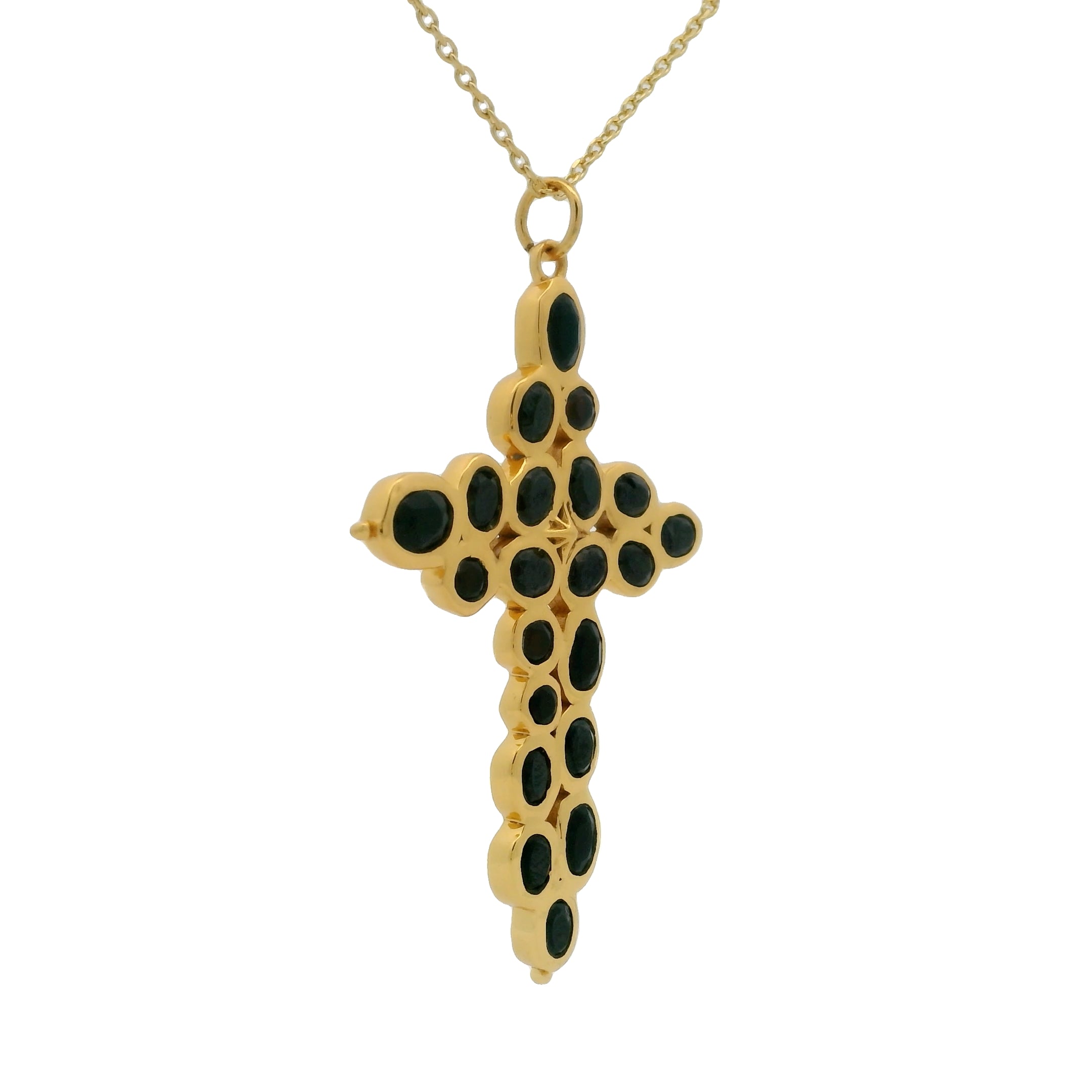 Collier doré grande croix avec pierres ovales en onyx noire 42 cm