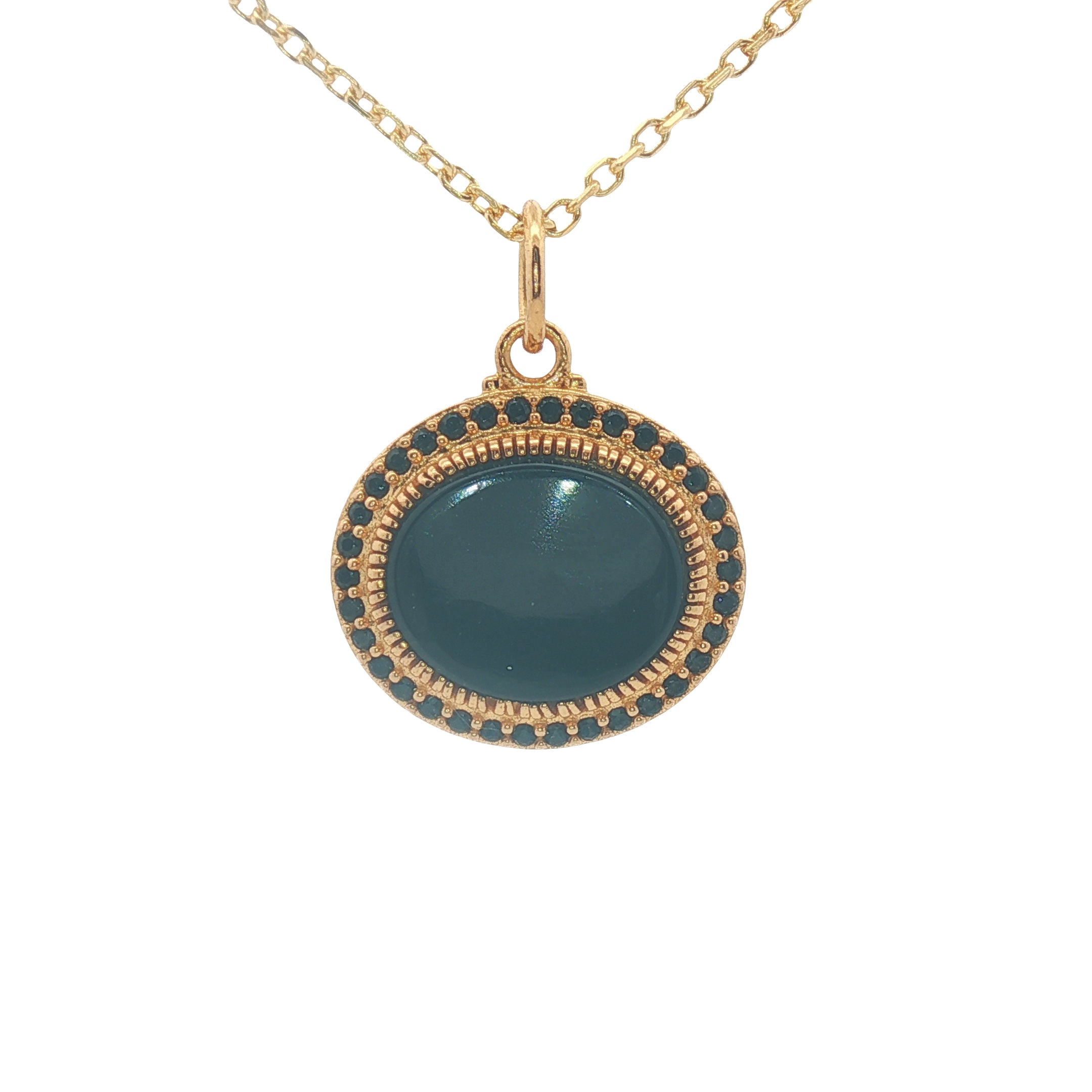 Collier doré médaillon onyx noire ovale et zircons 42 cm