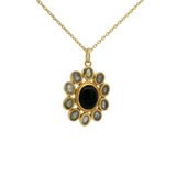 Collier doré fleur cabochon et pierre onyx noire et labradorite 42 cm