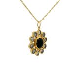 Collier doré fleur cabochon et pierre onyx noire et labradorite 42 cm