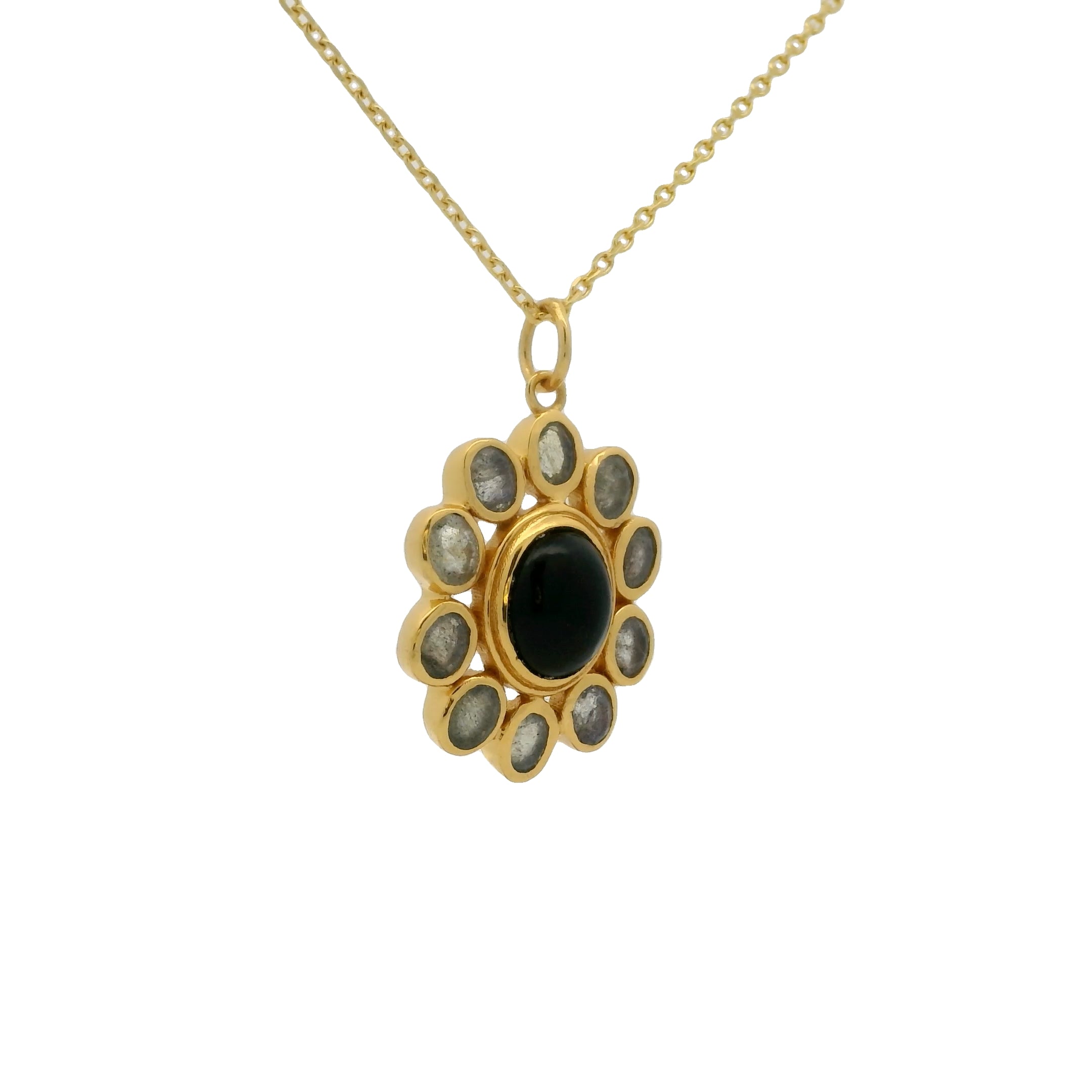 Collier doré fleur cabochon et pierre onyx noire et labradorite 42 cm