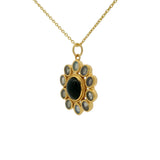 Collier doré fleur cabochon et pierre onyx noire et labradorite 42 cm