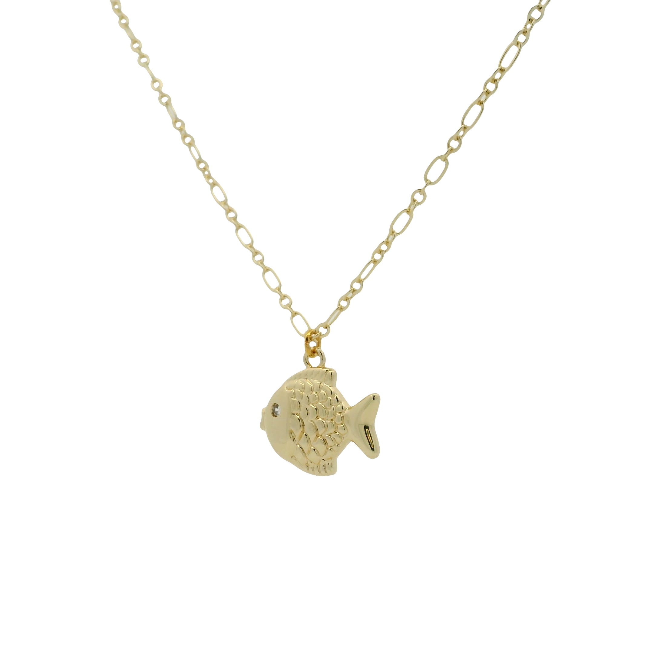 Collier doré et poisson et zircon 50cm