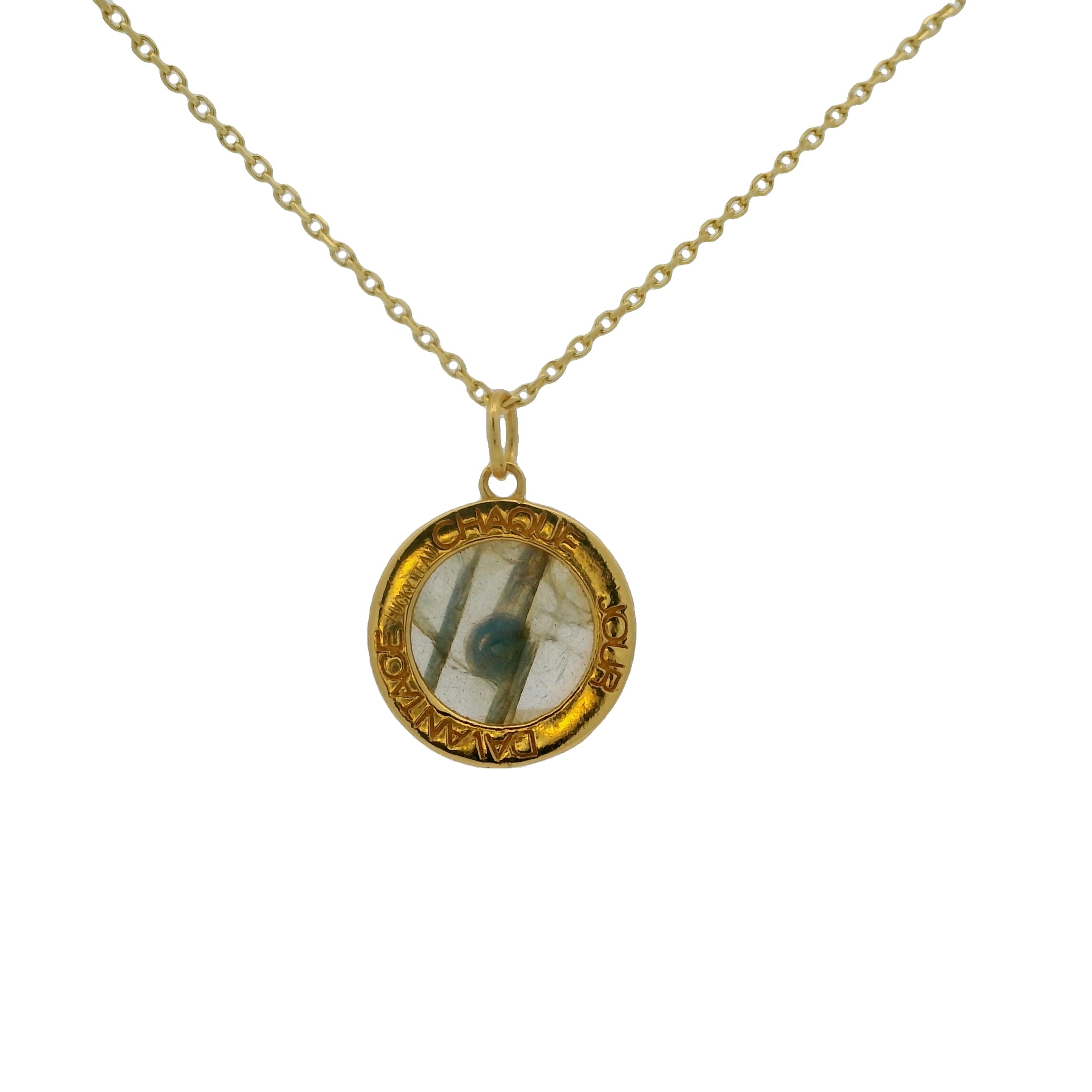 Gold necklace with stone and zircon medal "every day more" on the back