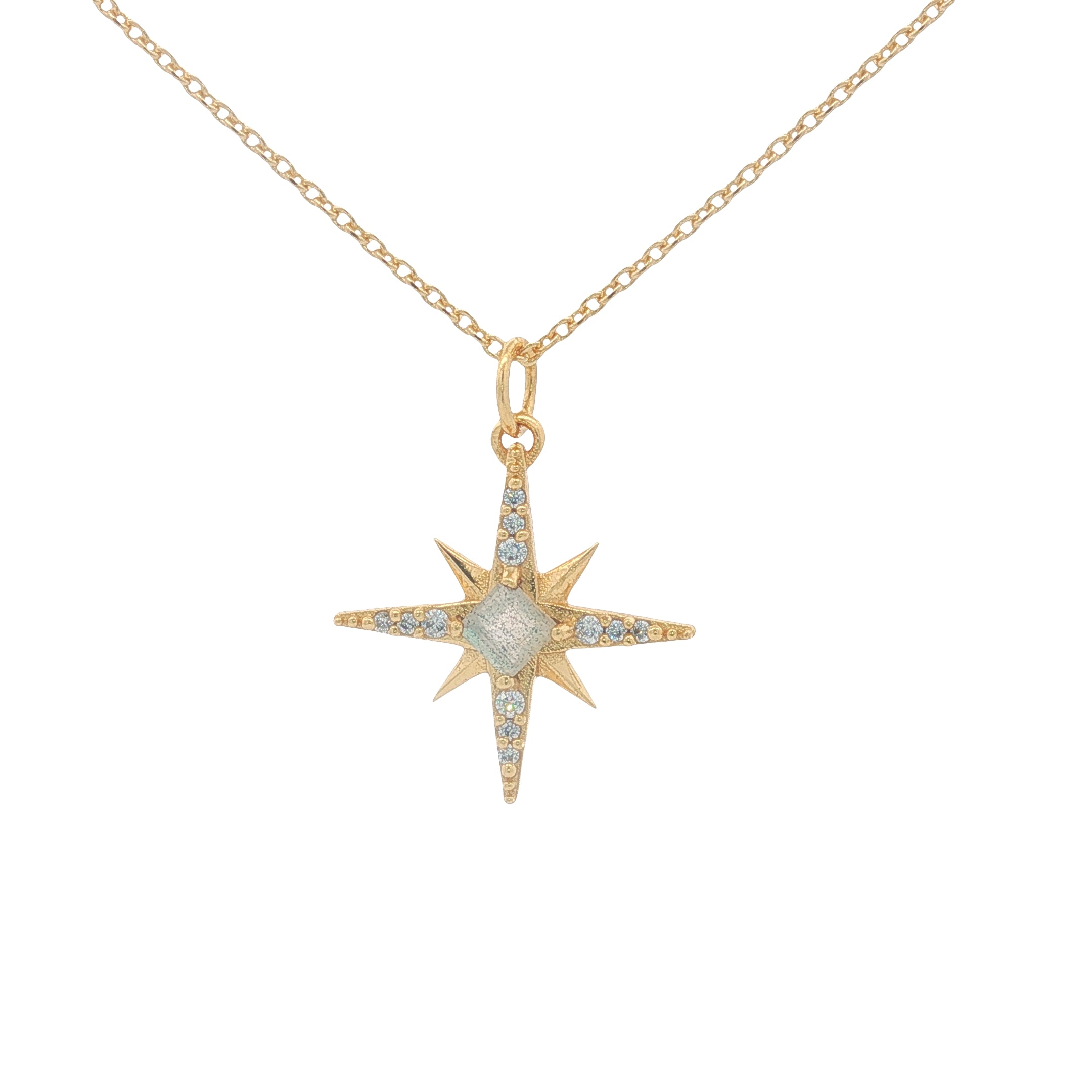 Collier doré étoile des vents avec labradorite et zircons 42 cm