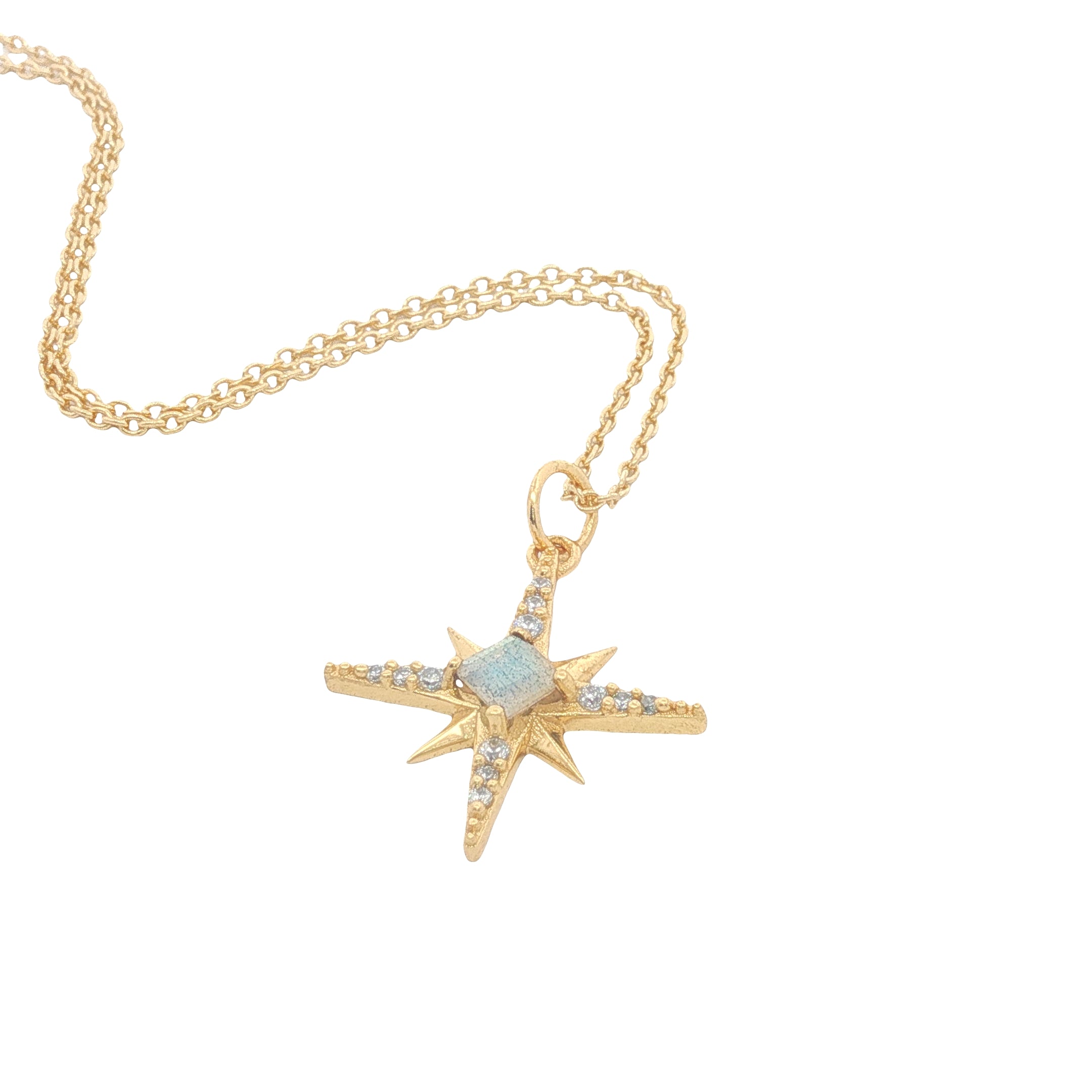 Collier doré étoile des vents avec labradorite et zircons 42 cm