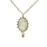 Collier doré grande pierre préhnite ovale et pampilles 60 cm