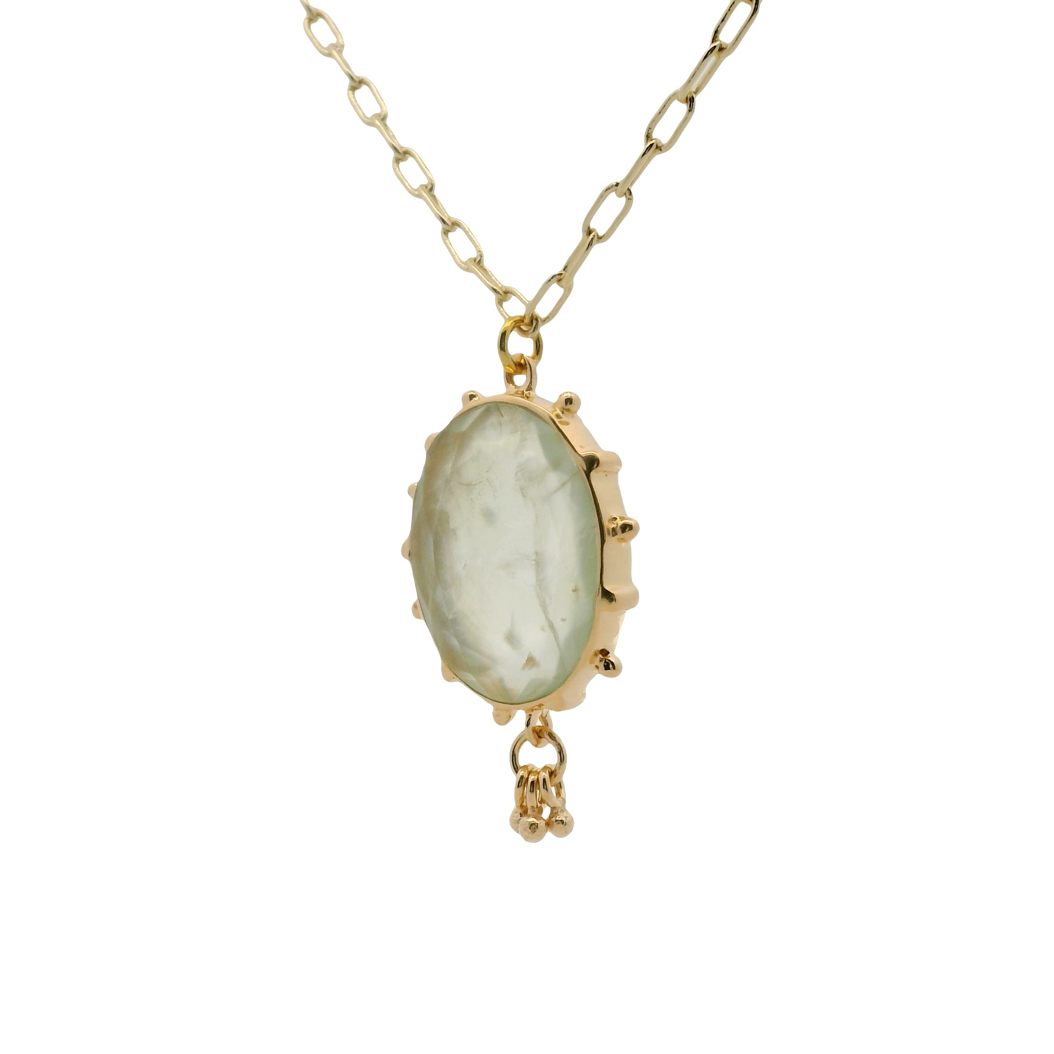 Collier doré grande pierre préhnite ovale et pampilles 60 cm