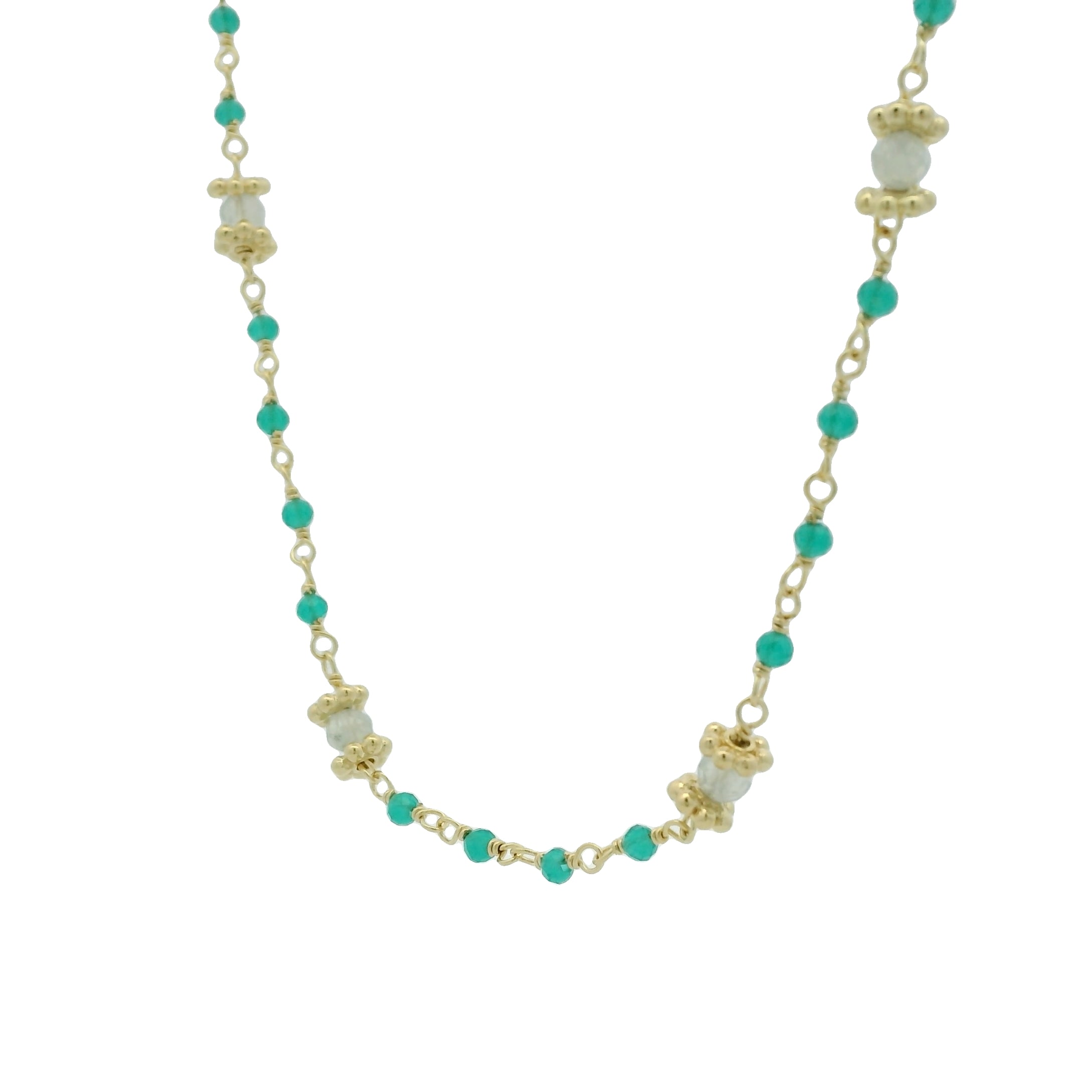 Collier doré onyx verte, prehnite et disques dorés 44cm
