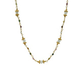 Collier doré prehnite, tourmaline et disques dorés 44cm