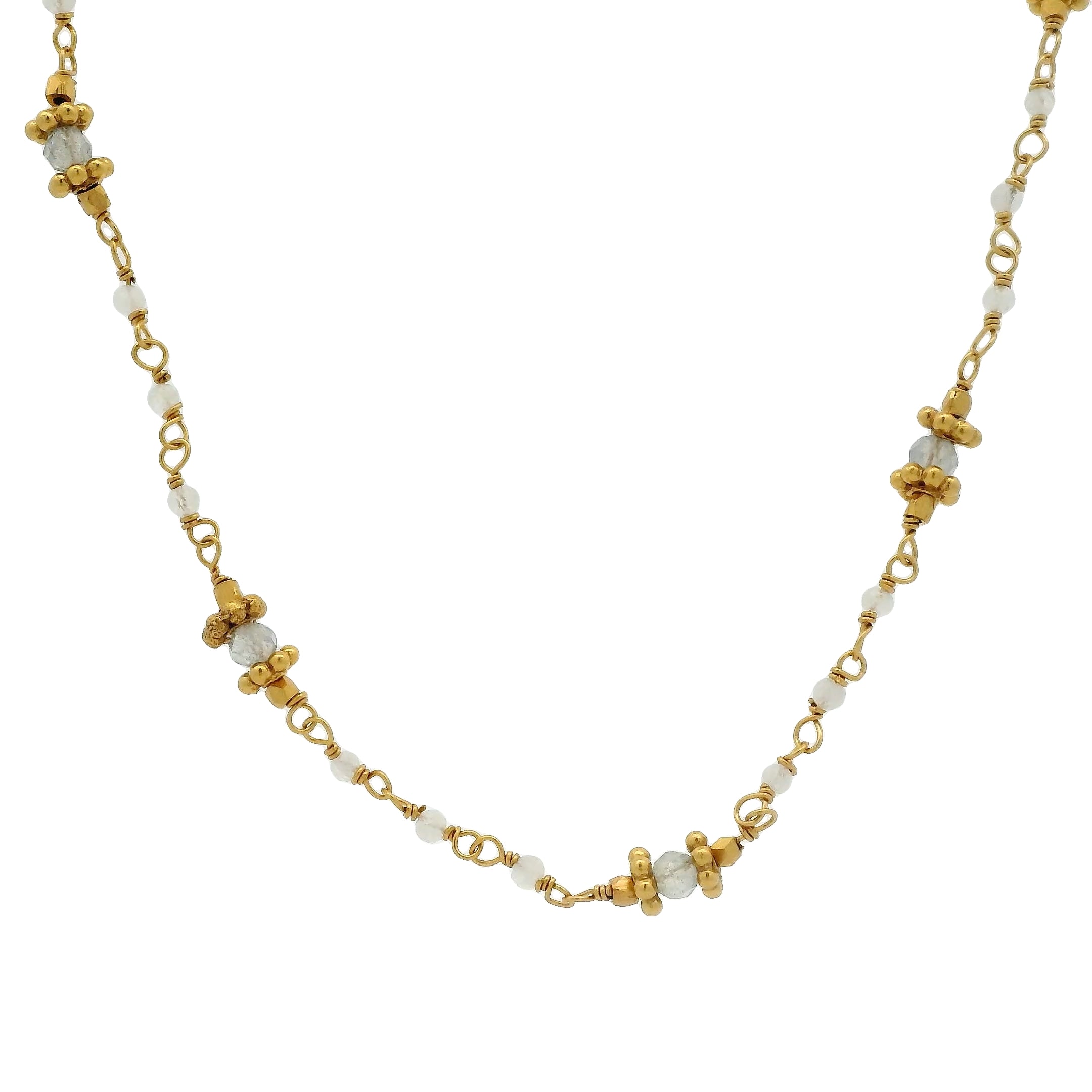 Collier doré labradorite et pierre de lune avec couronnes dorées 44 cm
