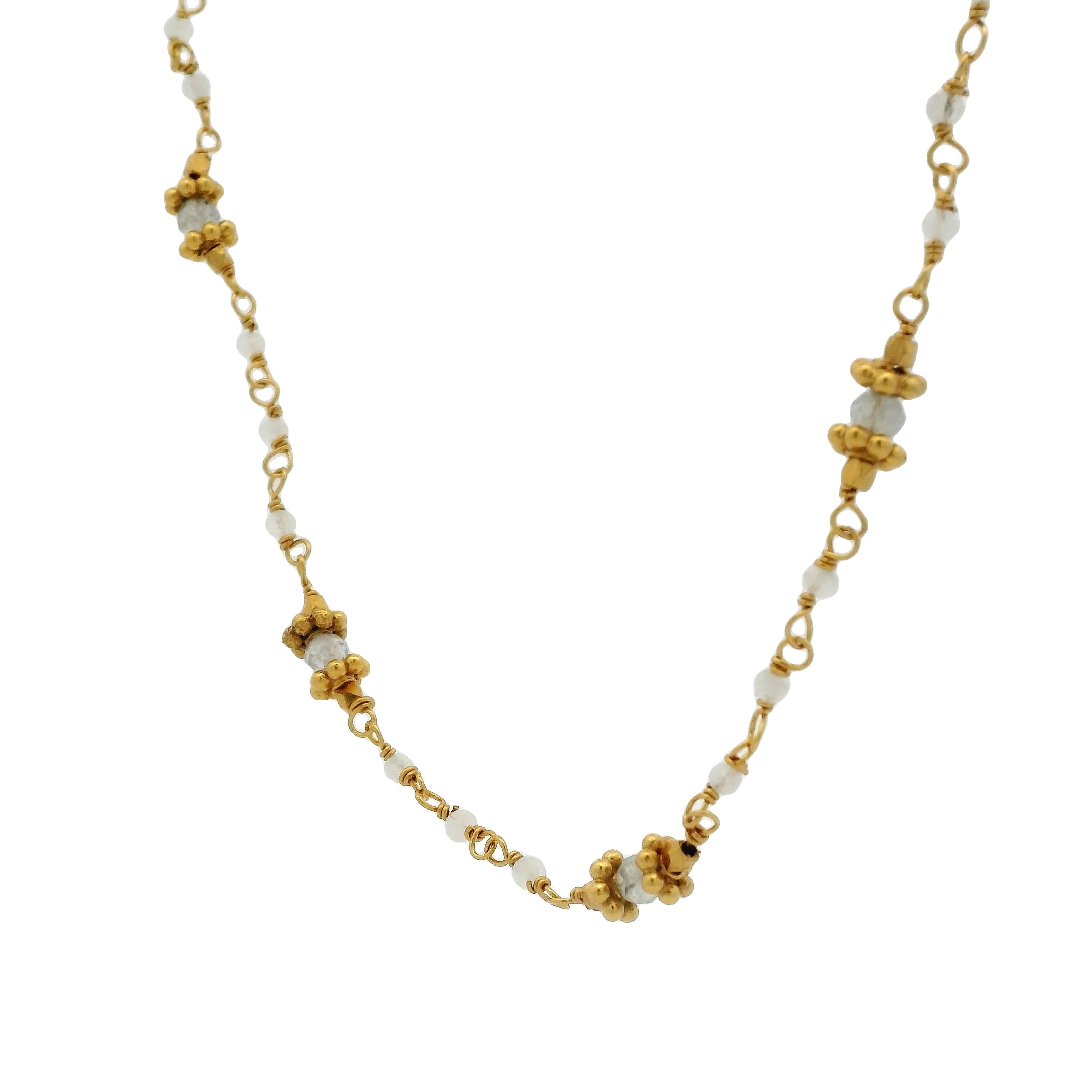 Collier doré labradorite et pierre de lune avec couronnes dorées 44 cm