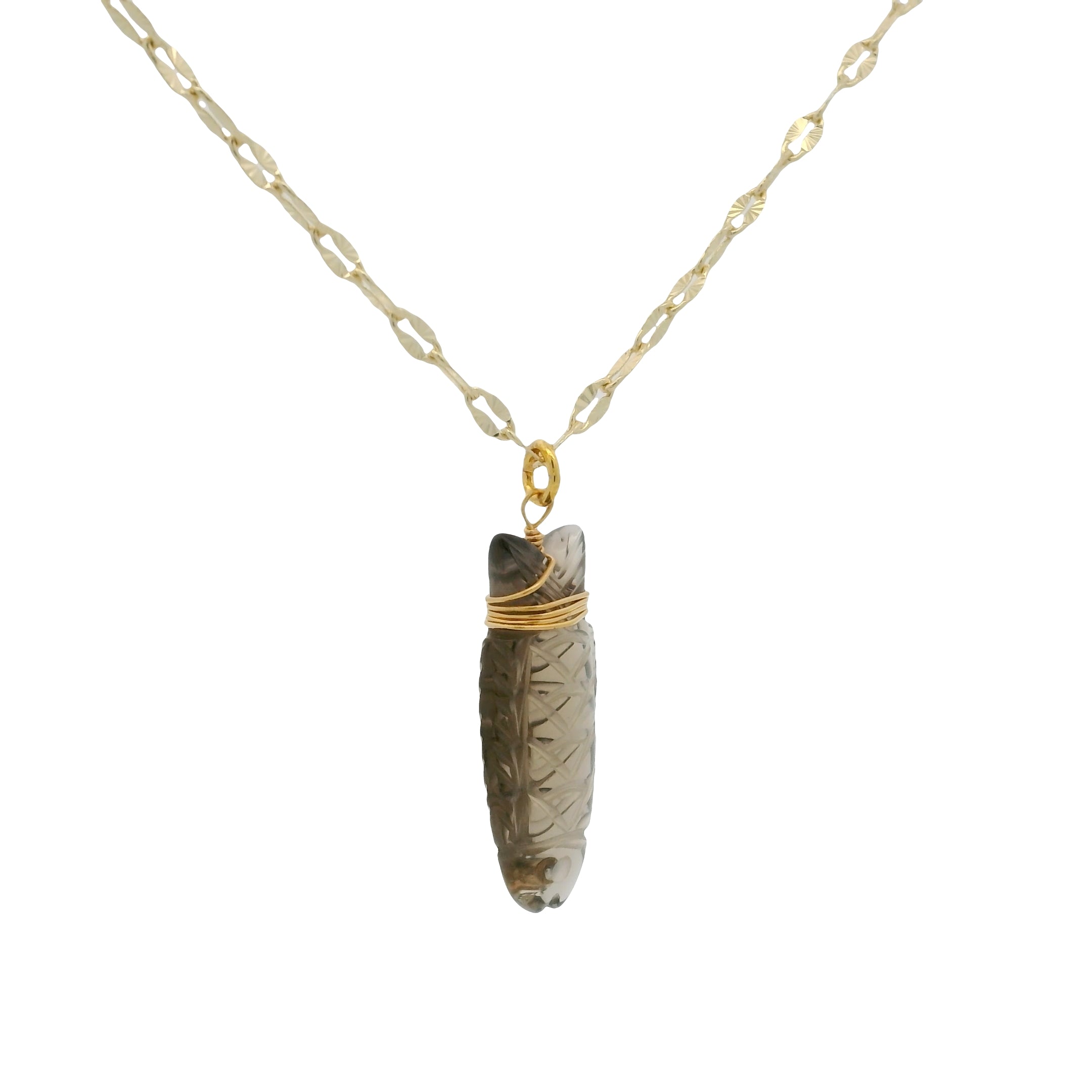 Collier doré poisson en quartz fumé 60cm