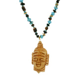 Collier doré tête bouddha en os avec perles bois et bleues 60 cm