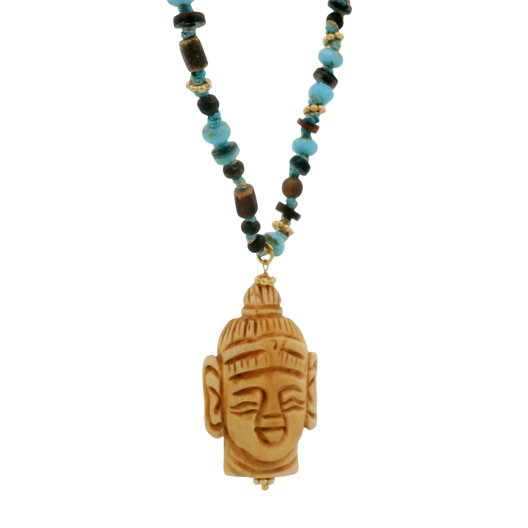 Collier doré tête bouddha en os avec perles bois et bleues 60 cm
