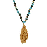 Collier doré tête bouddha en os avec perles bois et bleues 60 cm