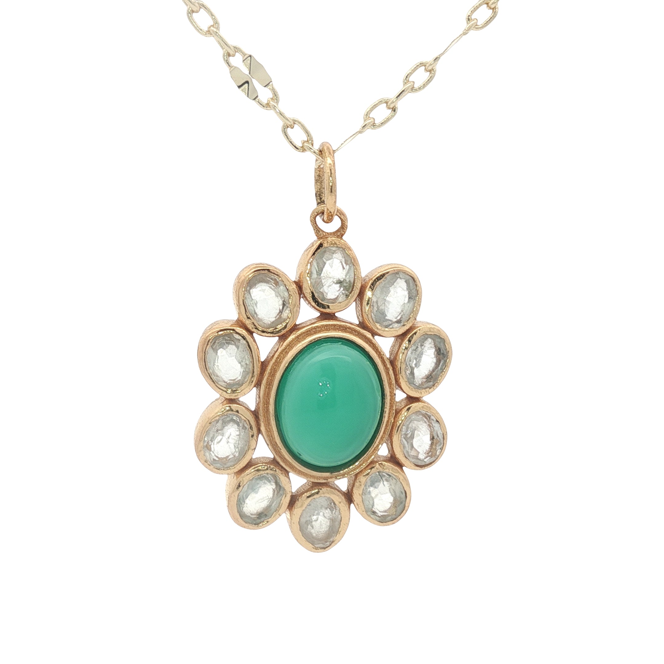 Collier doré fleur avec duo de prehnite et onyx verte 50 cm