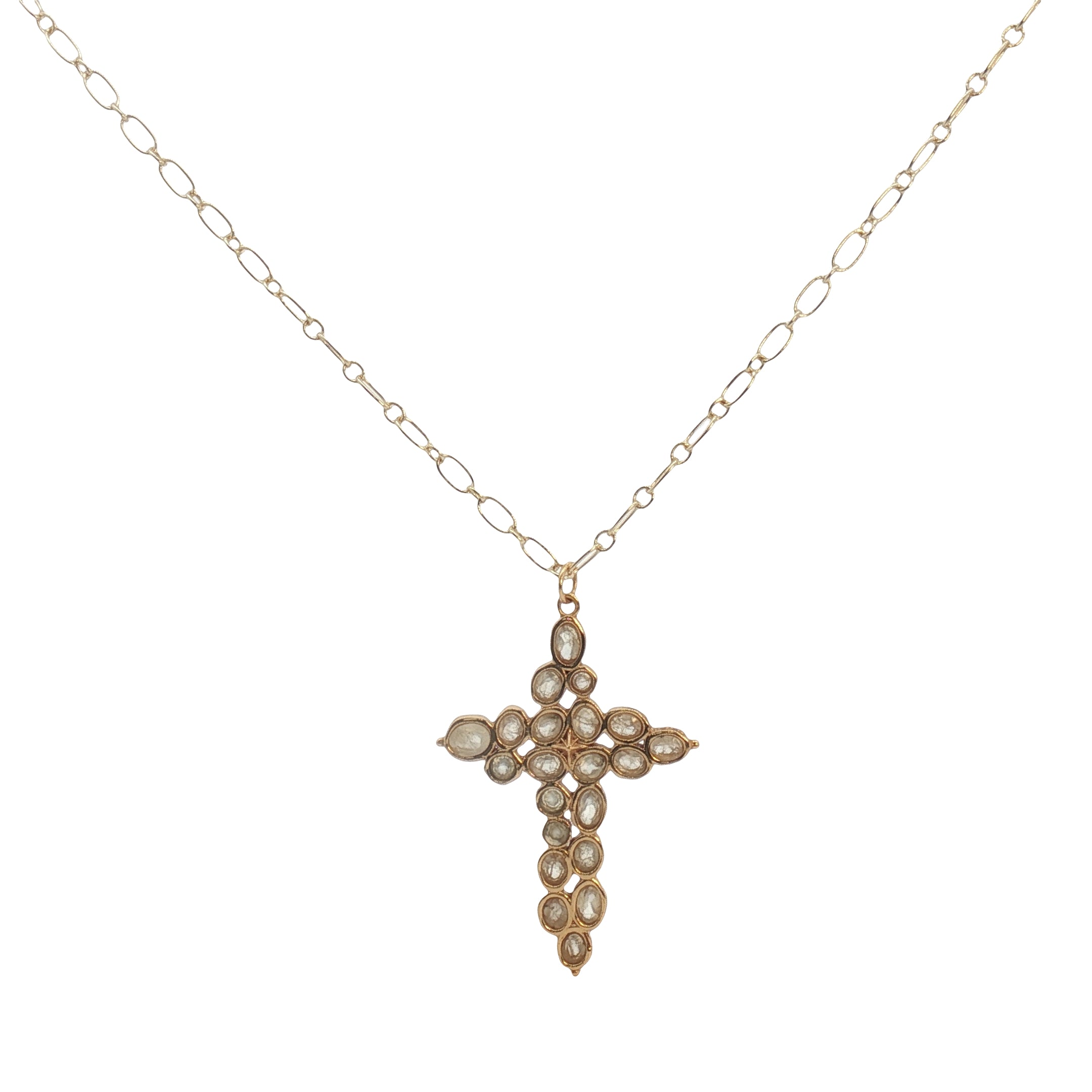 Collier doré croix XL avec prehnite 75 cm
