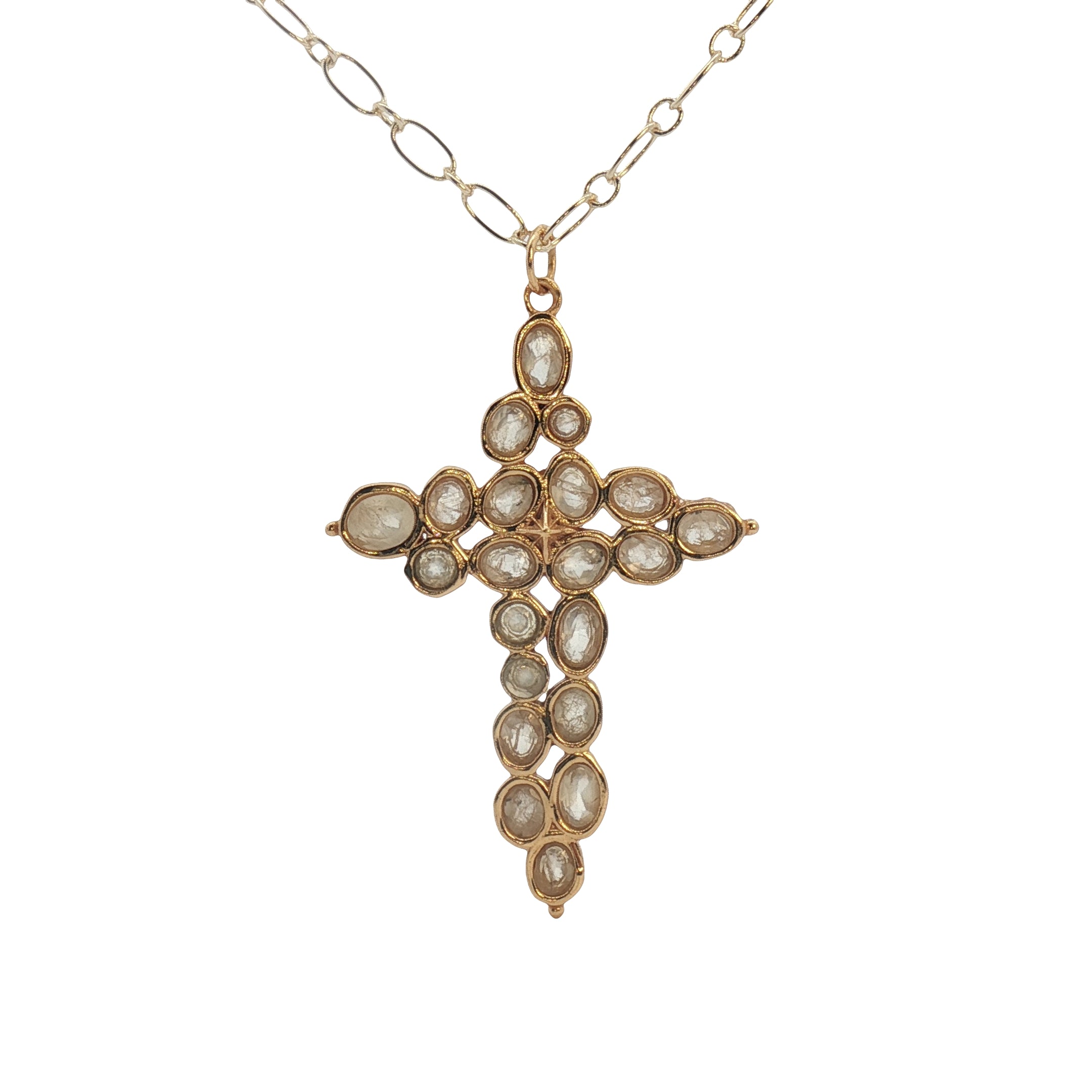 Collier doré croix XL avec prehnite 75 cm