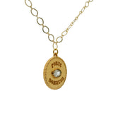 Collier doré médaille prehnite ovale et "PORTE BONHEUR" 60 cm