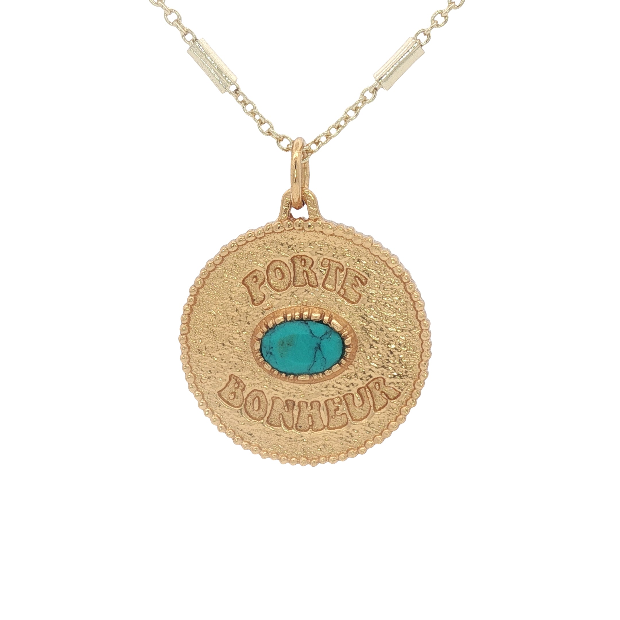 Collier doré médaille porte bonheur avec turquoise 50 cm