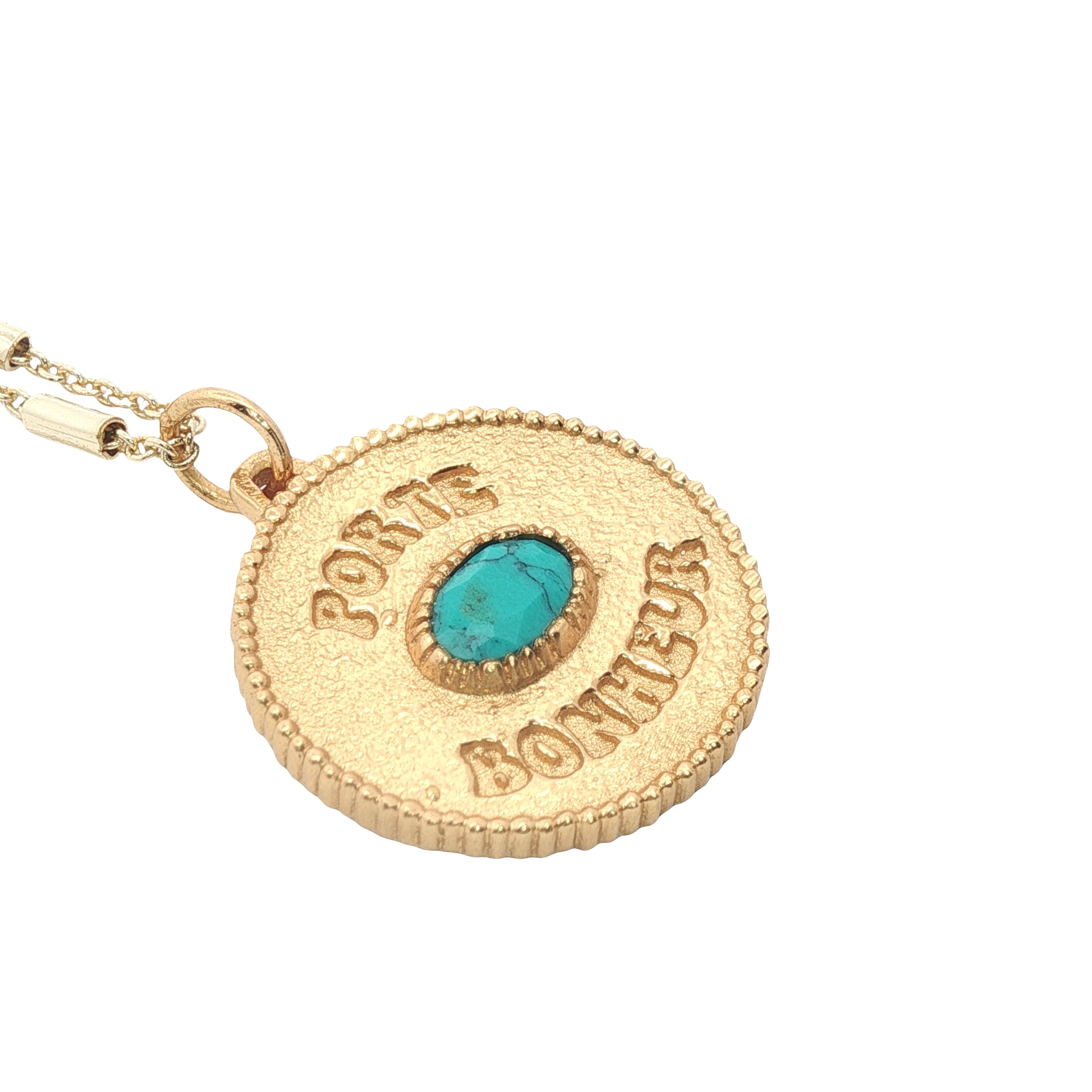 Collier doré médaille porte bonheur avec turquoise 50 cm