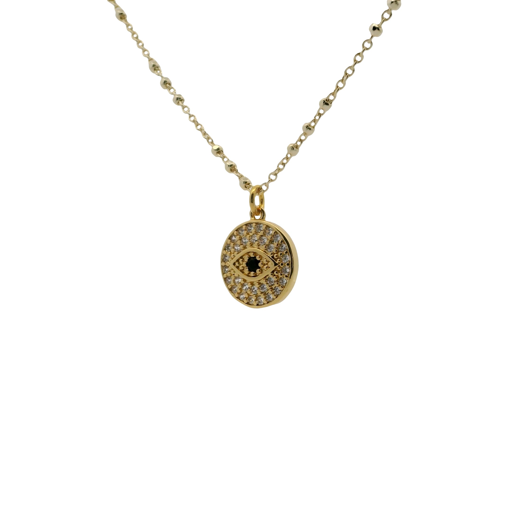 Collier doré boules et médaille oeil zircons 50cm