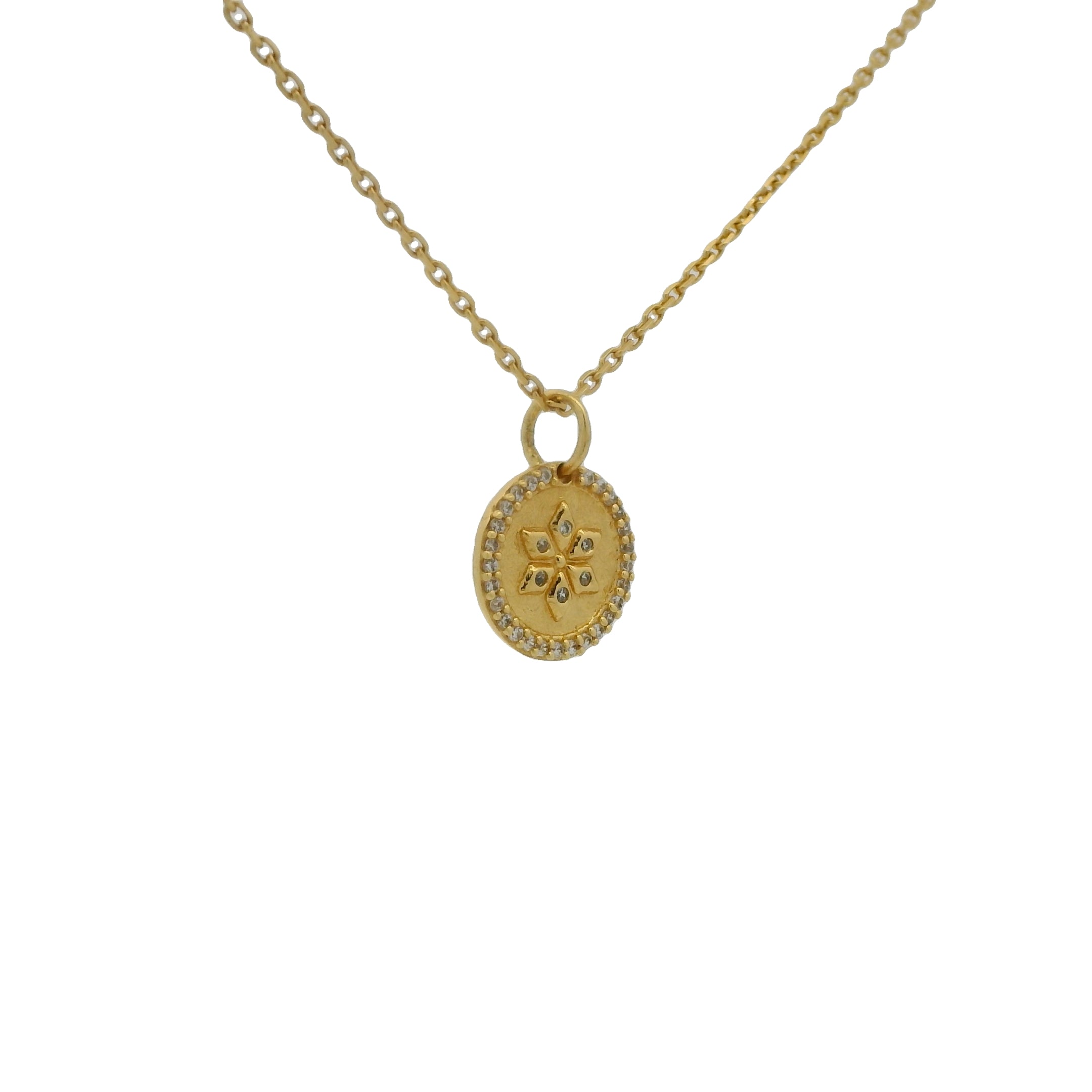 Gold necklace with hammered flower medal and zircons