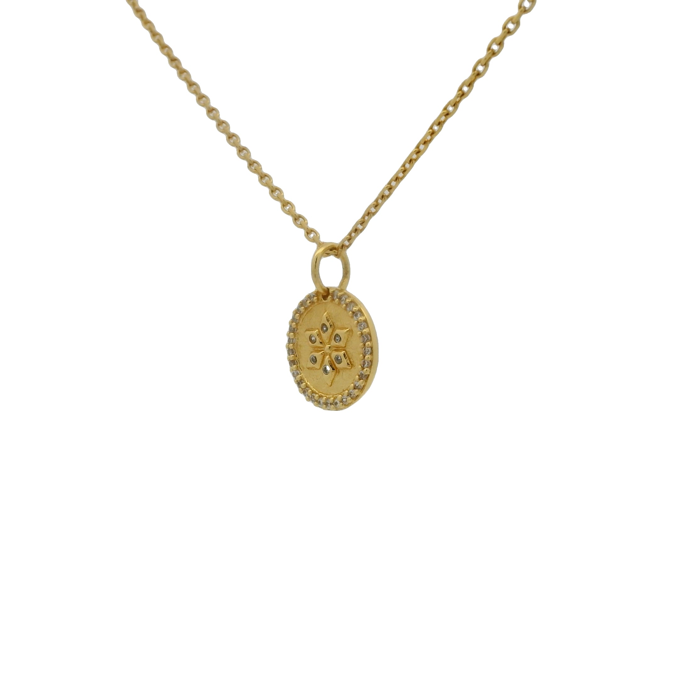 Gold necklace with hammered flower medal and zircons