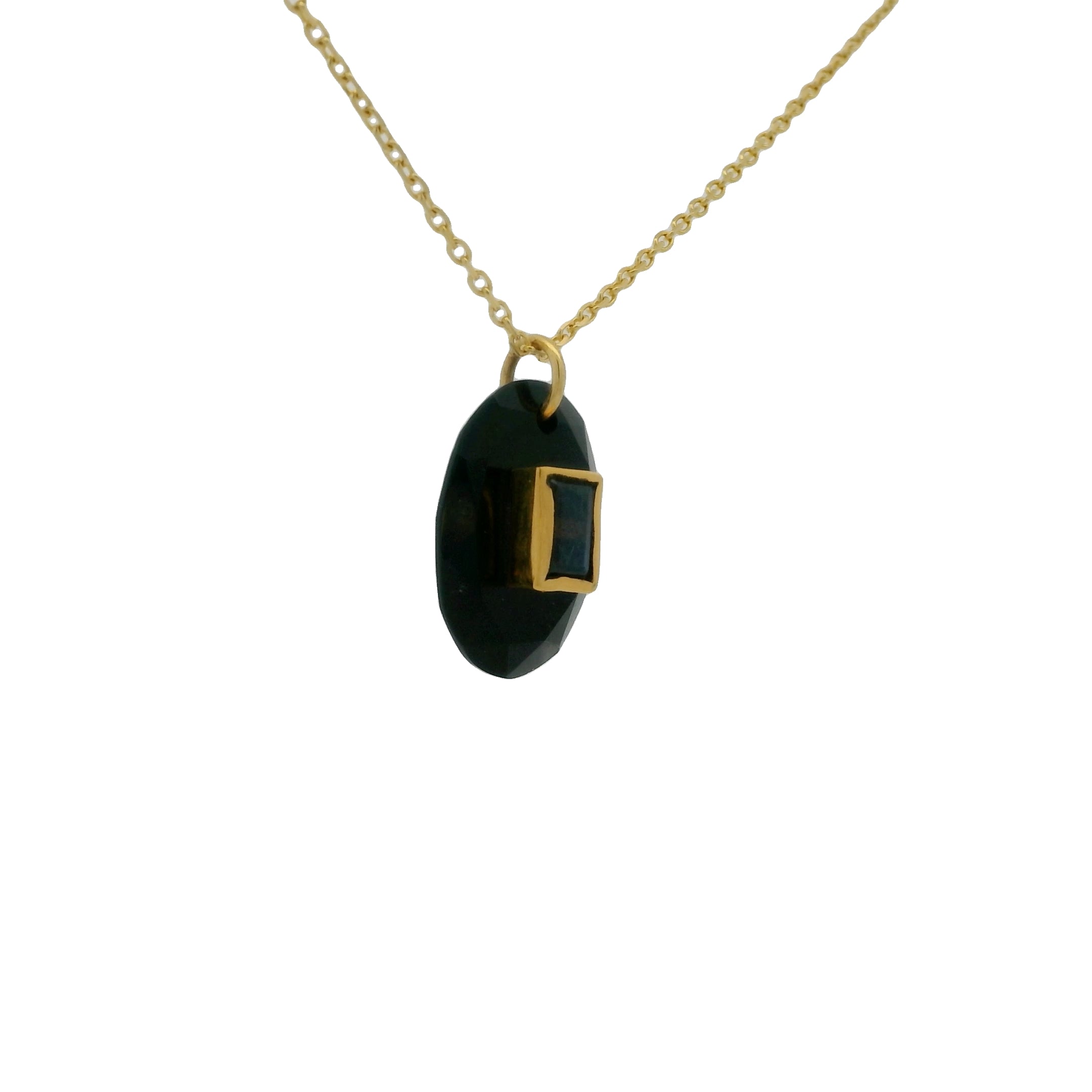Collier doré onyx noire ovale et labradorite rectangle 42 cm