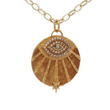 Collier doré médaille striée oeil labradorite et zircons 42 cm