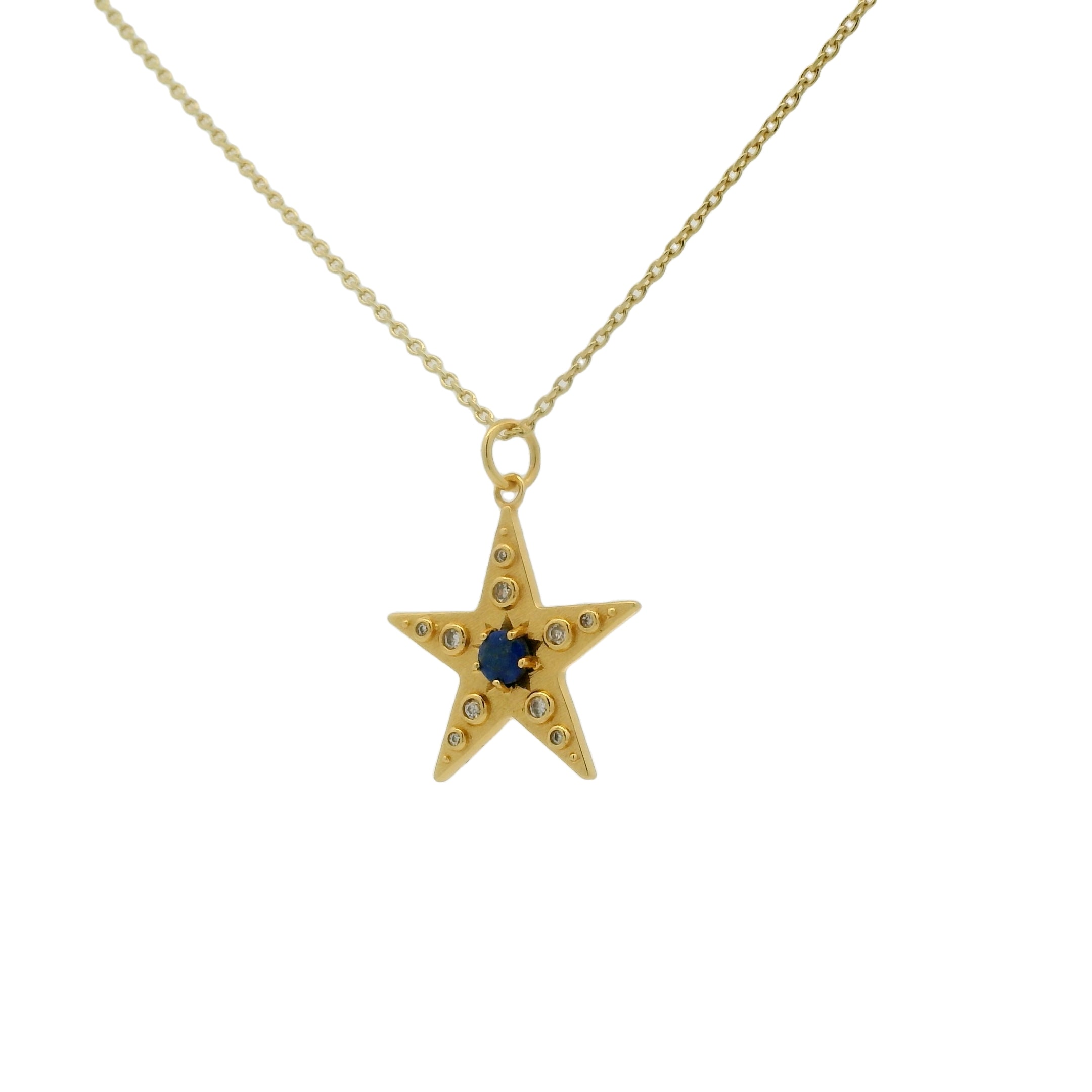 Collier doré Étoile avec zircons blancs et lapis lazulis 42 cm