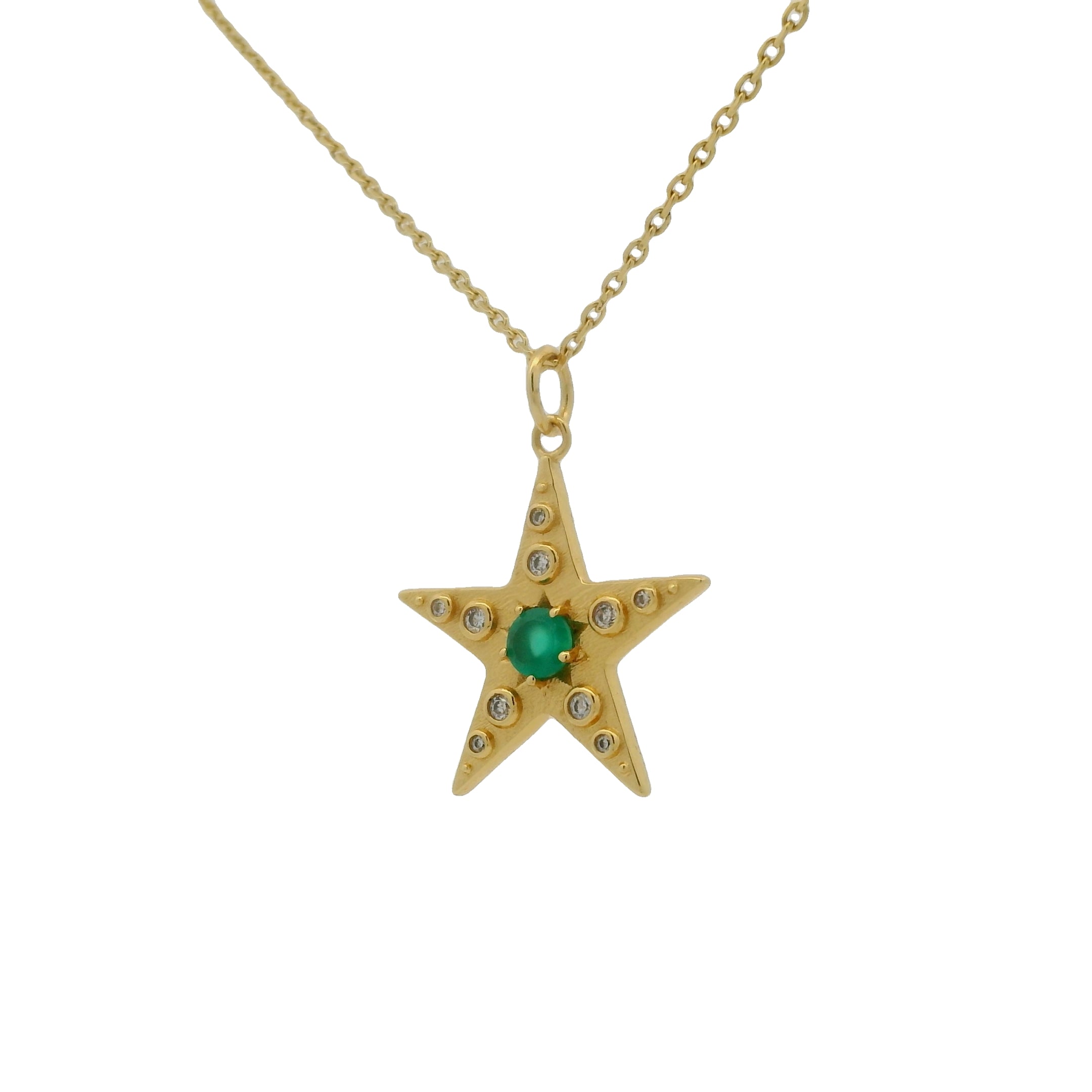 Collier doré étoile en onyx verte avec zircons blancs 42cm