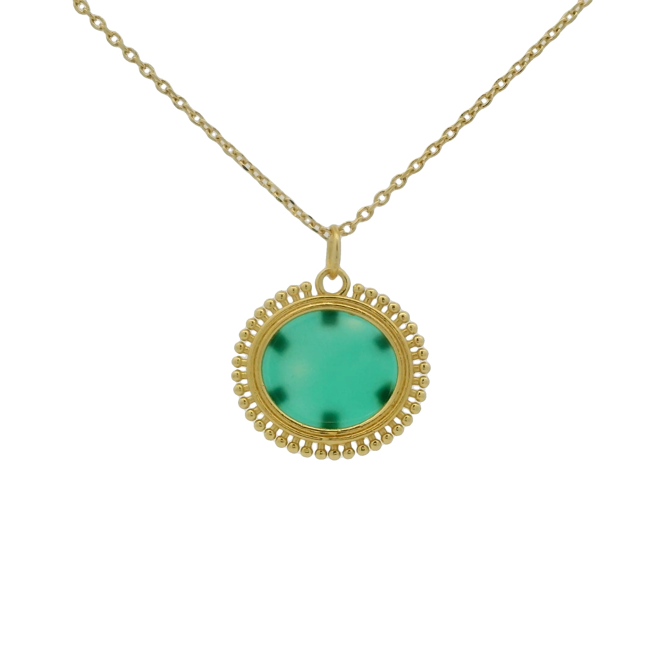 Gold necklace with oval stone pendant and balls
