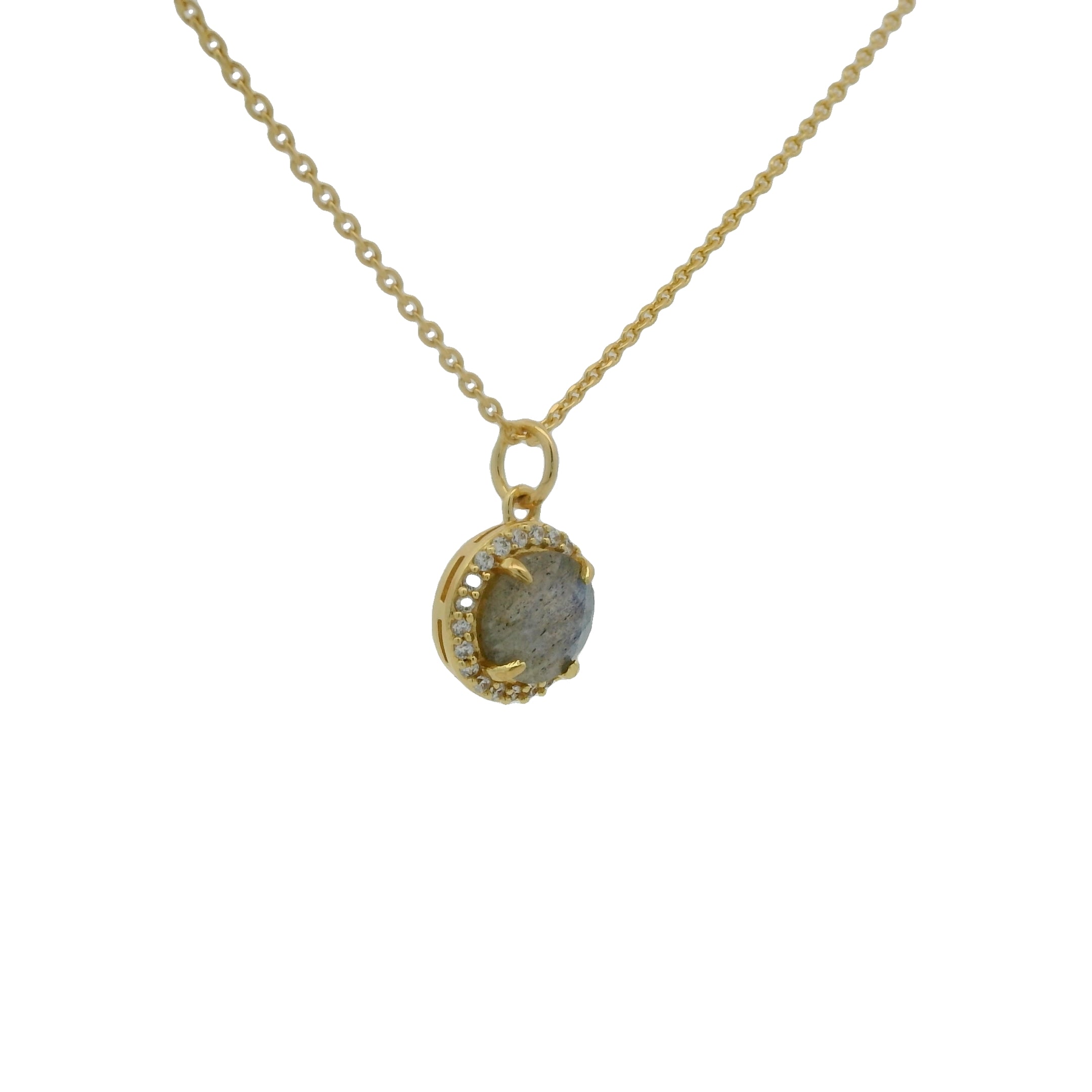 Collier doré pendentif rond en labradorite et zircons blancs 42cm