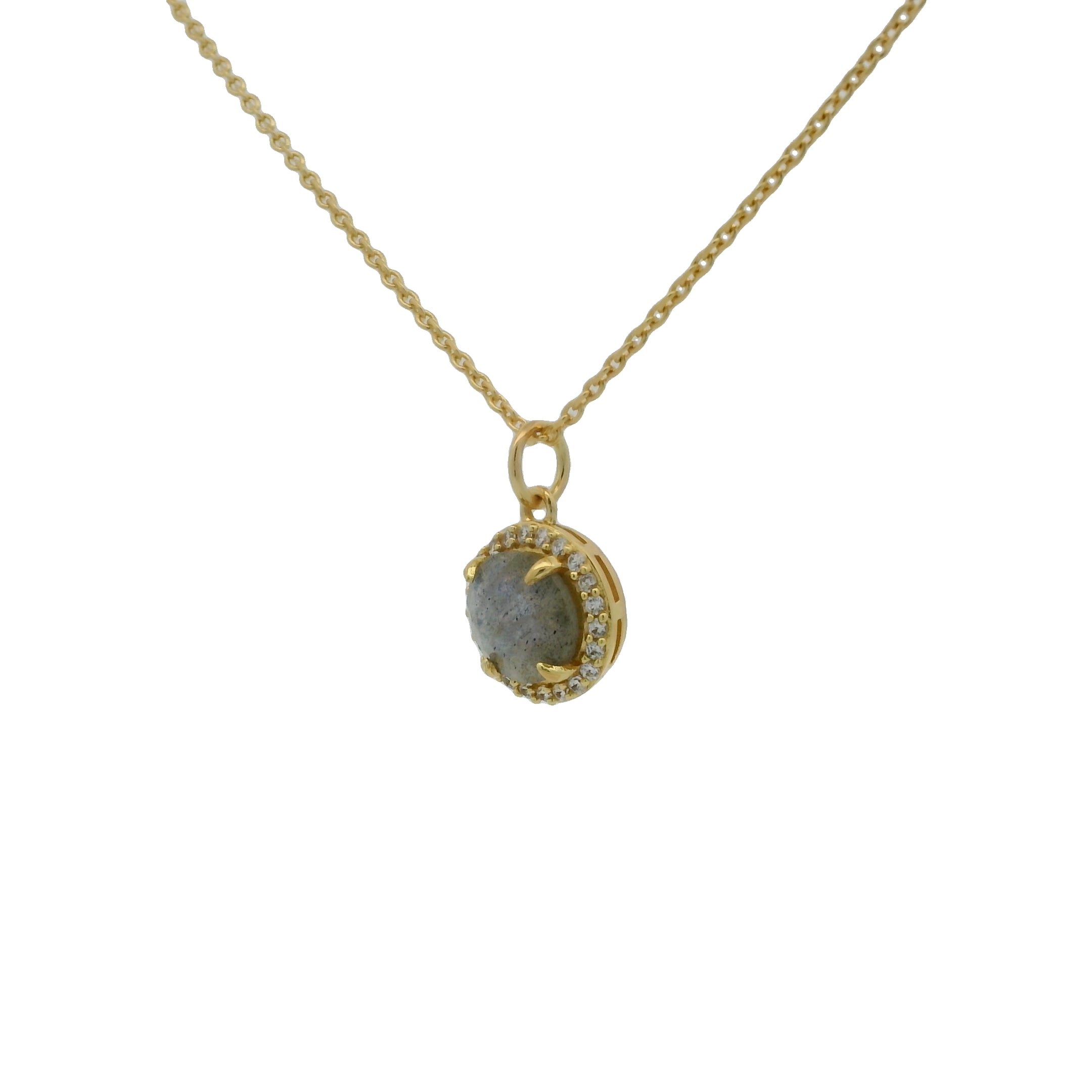 Collier doré pendentif rond en labradorite et zircons blancs 42cm