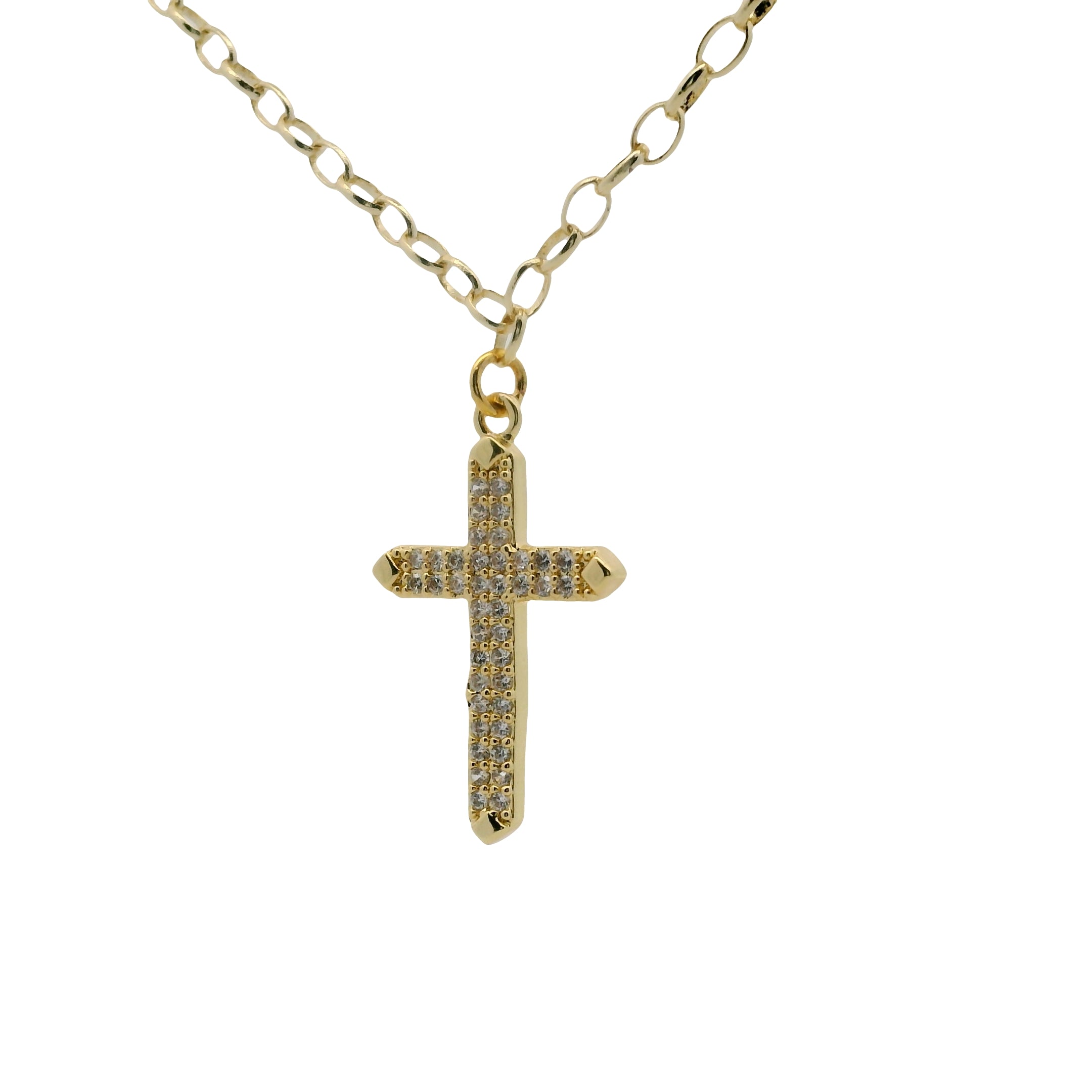 Collier doré maille jaseron et croix sertie de zircons blancs 50cm