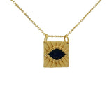 Gold necklace with textured square pendant and stone eye