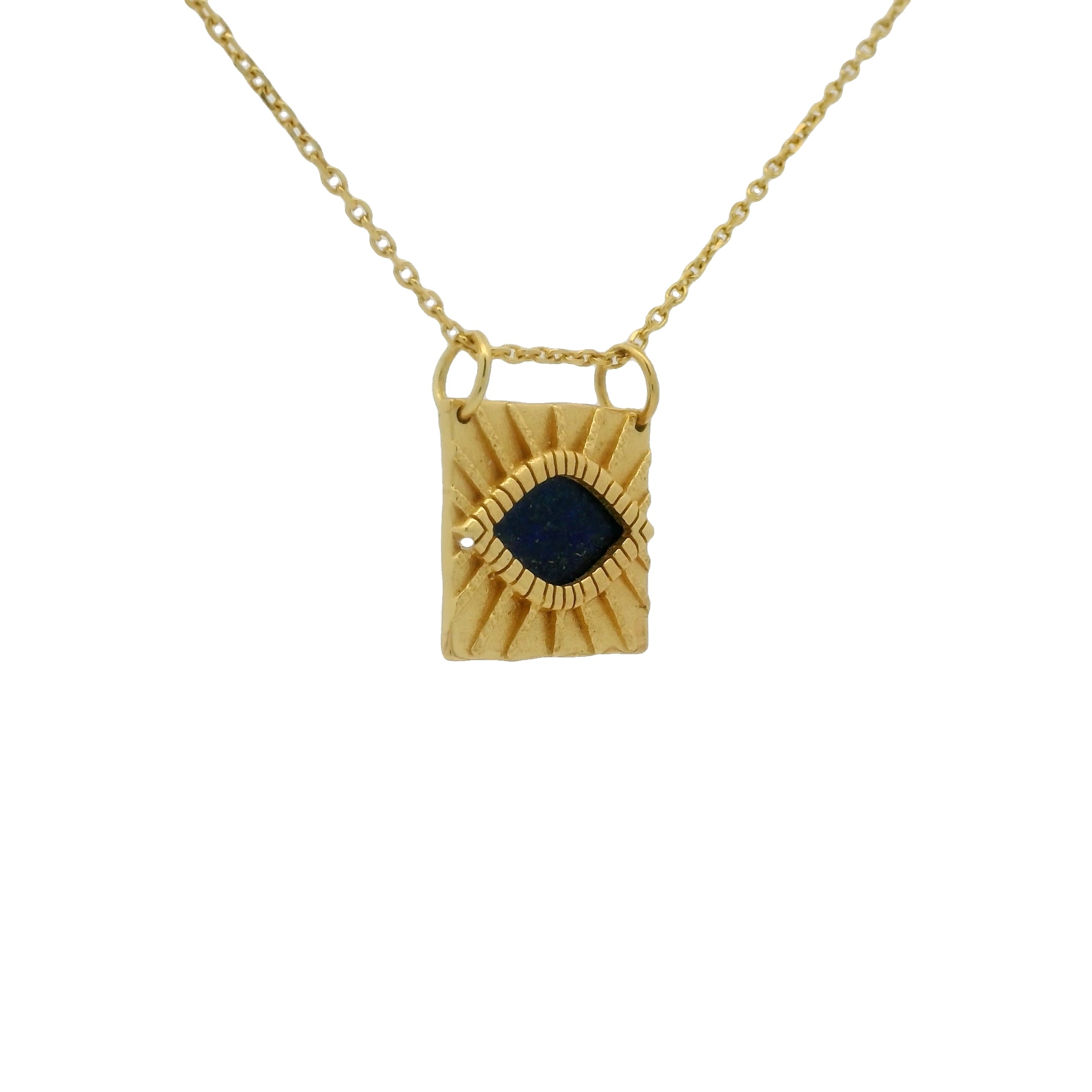 Collier doré pendentif carré texturé oeil en Lapis Lazulis 42cm