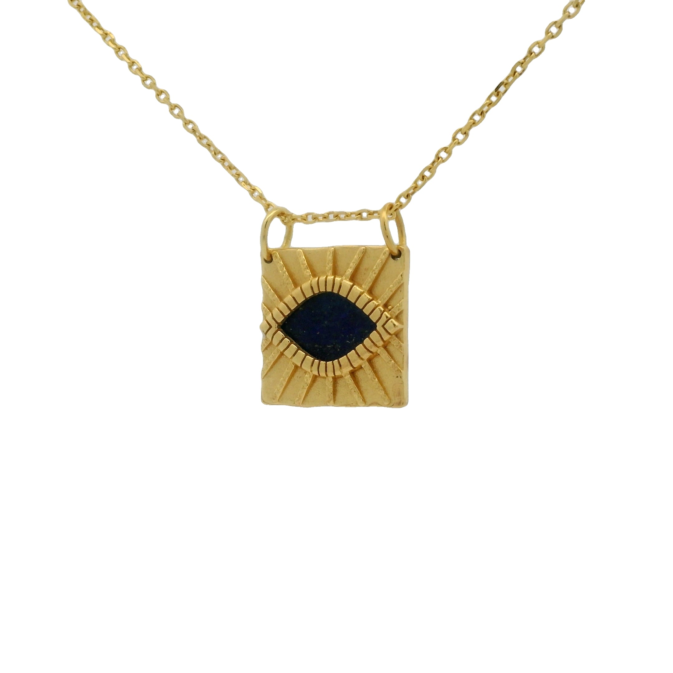 Collier doré pendentif carré texturé oeil en Lapis Lazulis 42cm