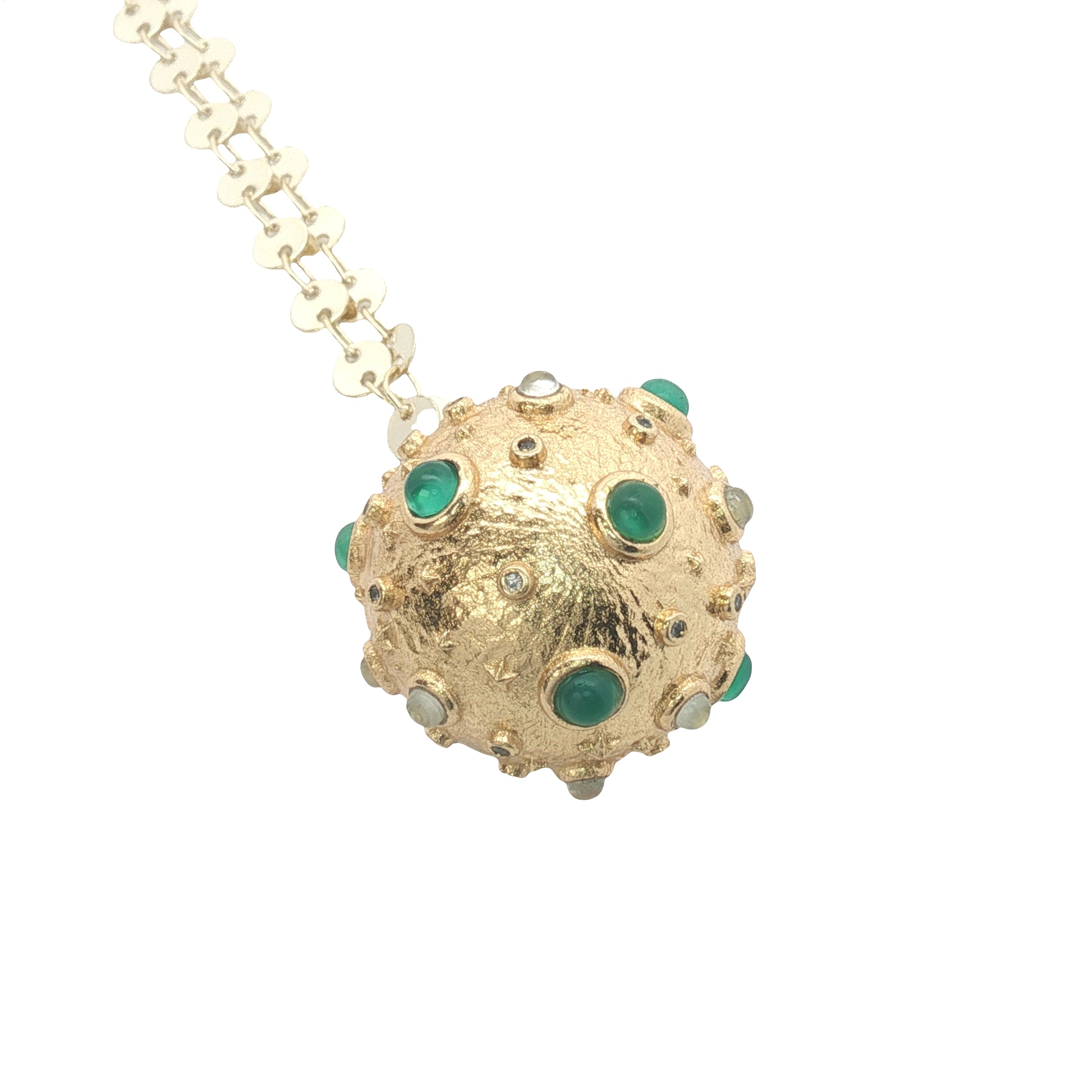 Sautoir Bola doré boule cratère onyx verte et prehnite 110 cm