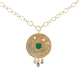 Collier doré médaillon astres en onyx verte, prehnite et zircons avec pampilles 60 cm