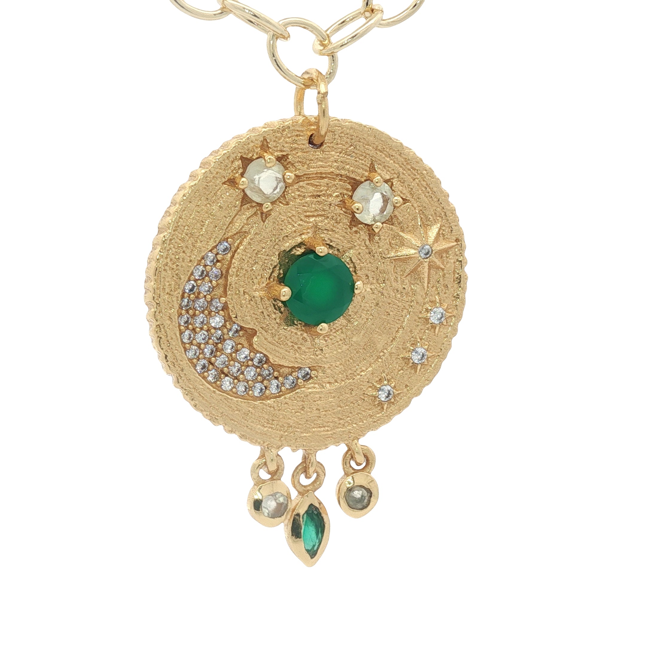 Collier doré médaillon astres en onyx verte, prehnite et zircons avec pampilles 60 cm
