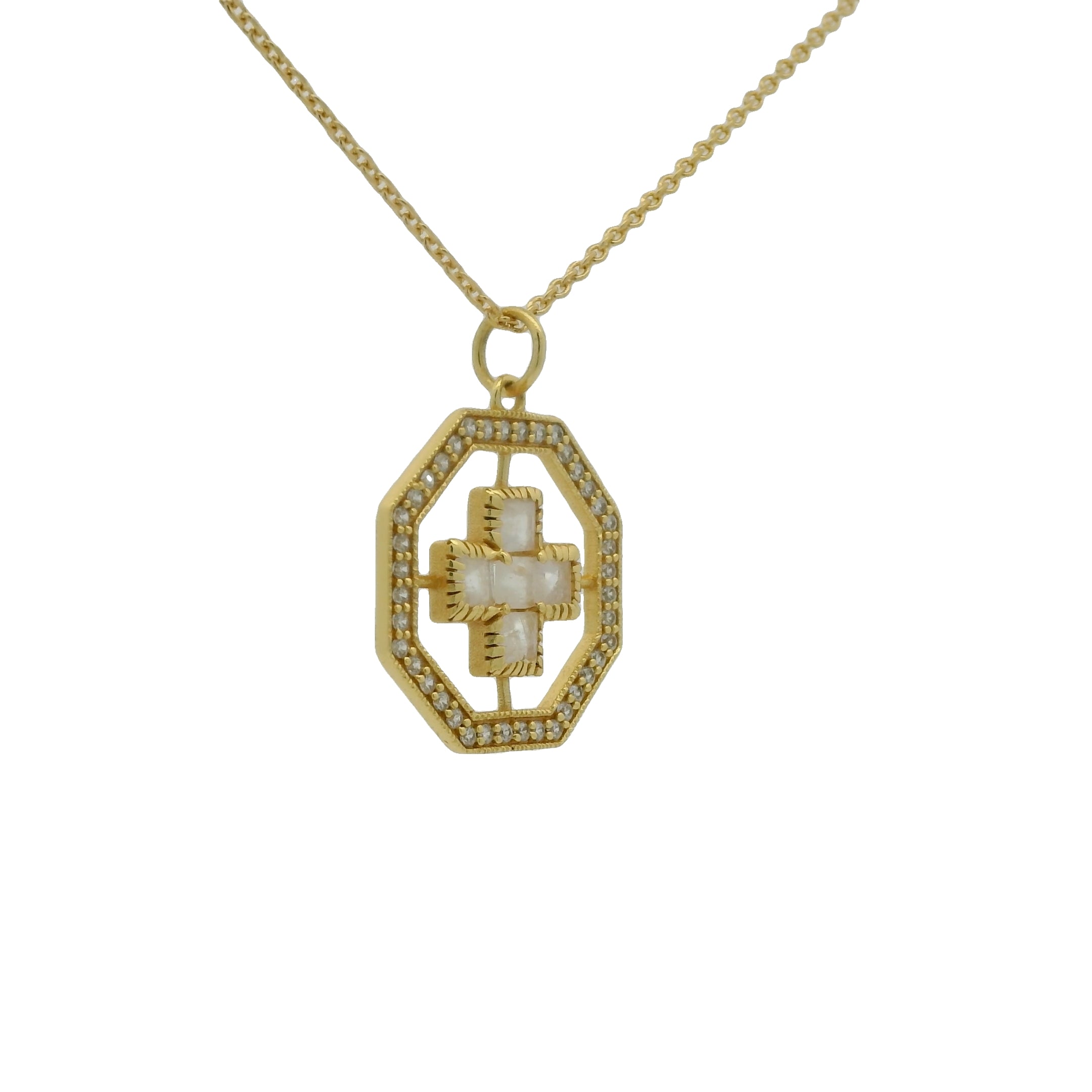 Gold necklace with square cross, stones and zircons
