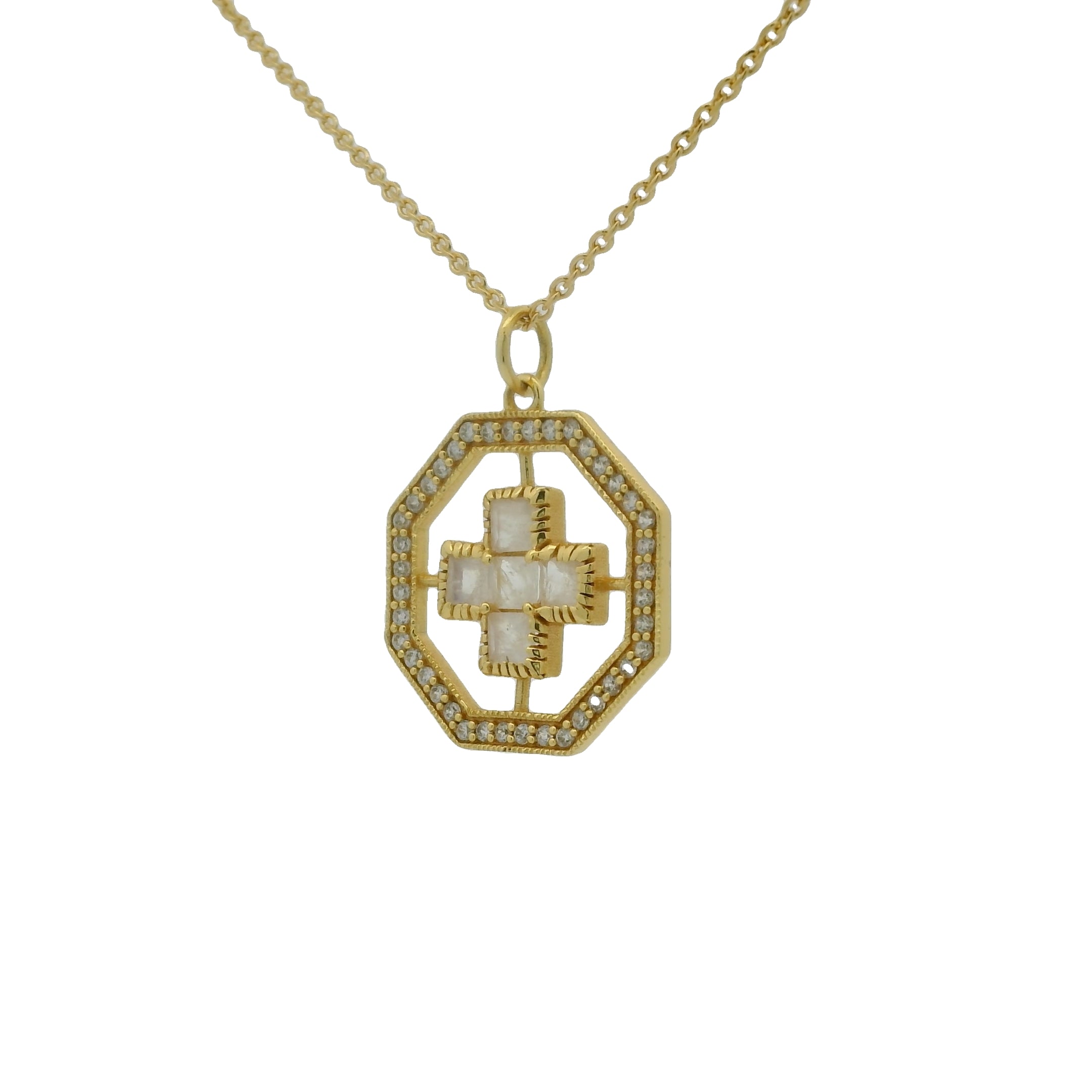 Gold necklace with square cross, stones and zircons